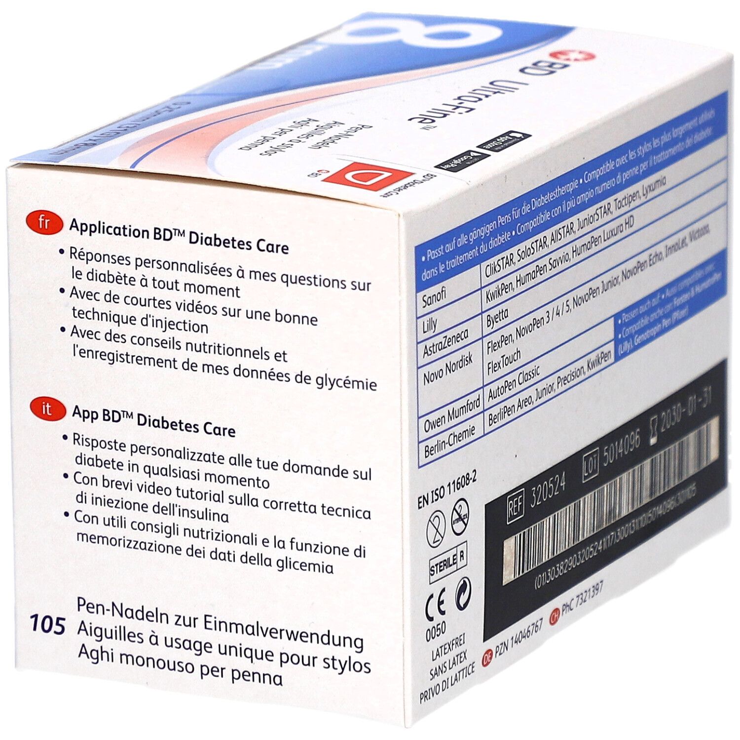 Rückseite der Verpackung von BD Ultra-Fine Pen-Nadeln. Text in Deutsch und Italienisch zur App. Informationen zu Zertifizierungen.
