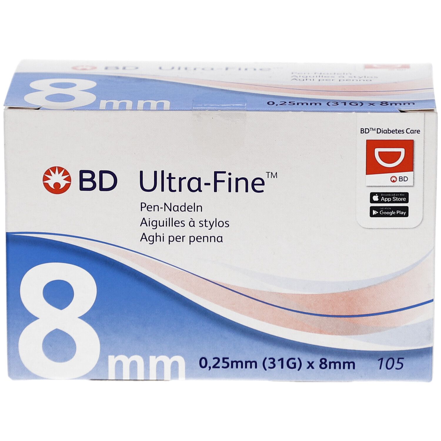 Verpackung von BD Ultra-Fine Pen-Nadeln. Aufschrift: 8 mm, 0,25 mm (31G) x 8 mm, 105 Stück. BD-Logo und App-Hinweis.