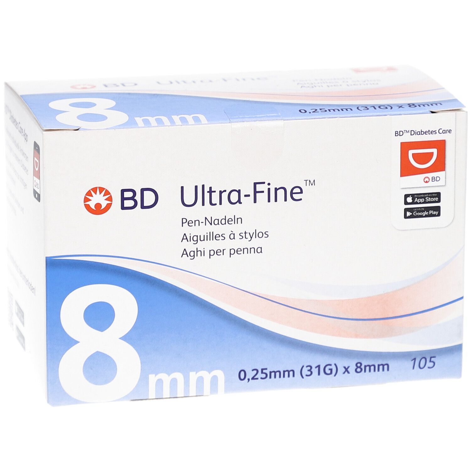 Verpackung von BD Ultra-Fine Pen-Nadeln. Aufschrift: 8 mm, 0,25 mm (31G) x 8 mm, 105 Stück. BD-Logo und App-Hinweis.
