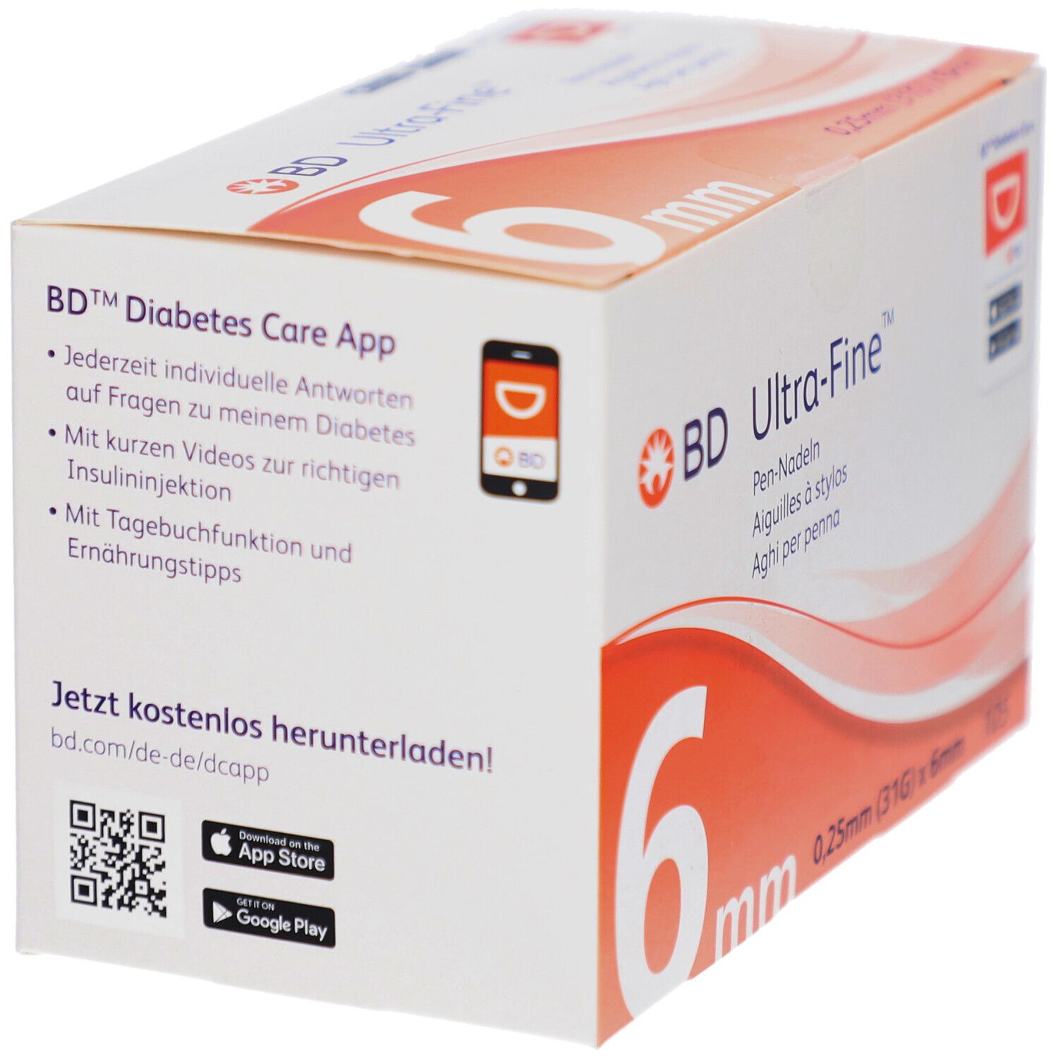 Verpackung von BD Ultra-Fine Pen-Nadeln. Text: BD Diabetes Care App. QR-Code und App-Store-Logos. Orangefarbene Akzente.