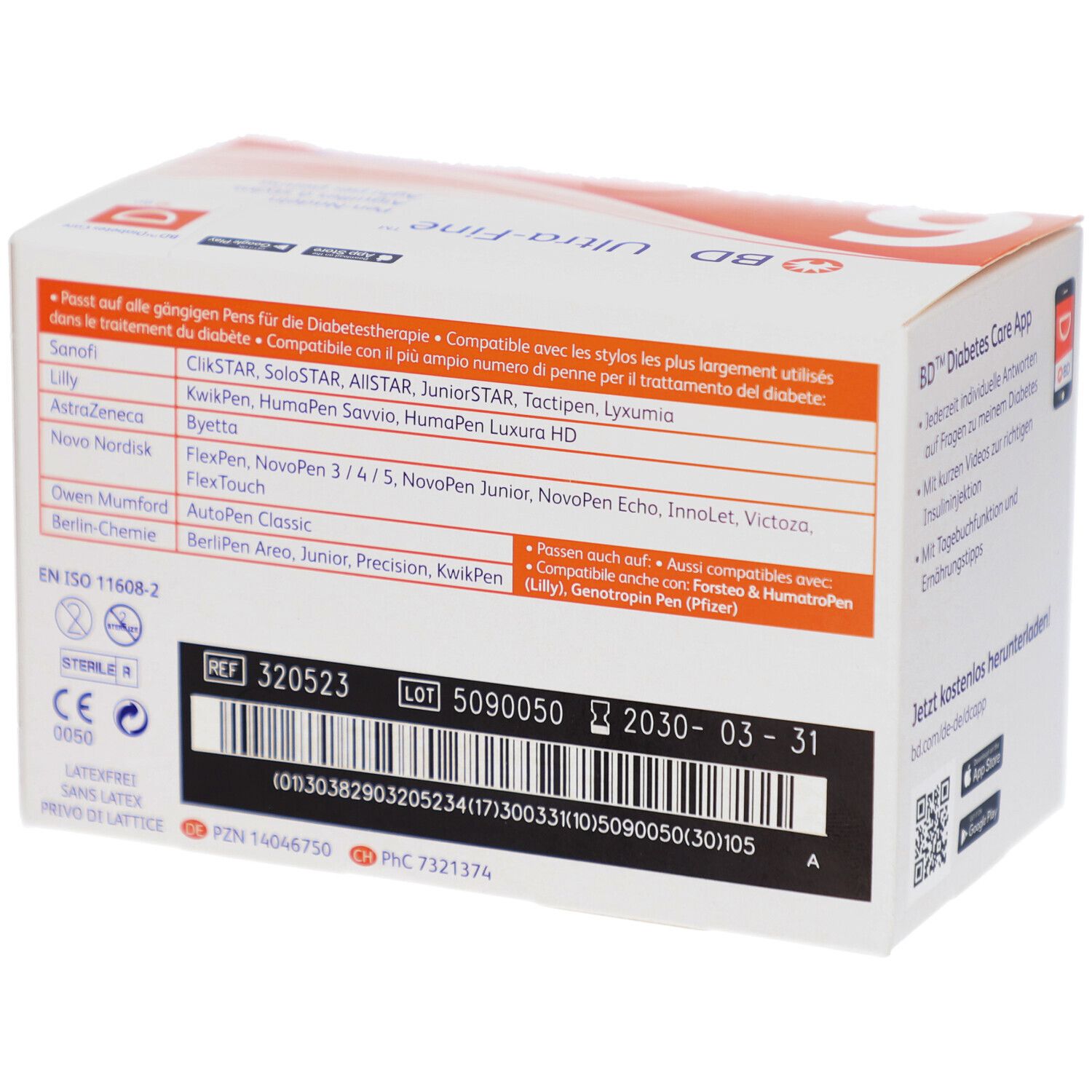 Rückseite der Verpackung von BD Ultra-Fine Pen-Nadeln. Kompatibilitätsliste für Pen-Systeme. Barcode und Chargennummer.