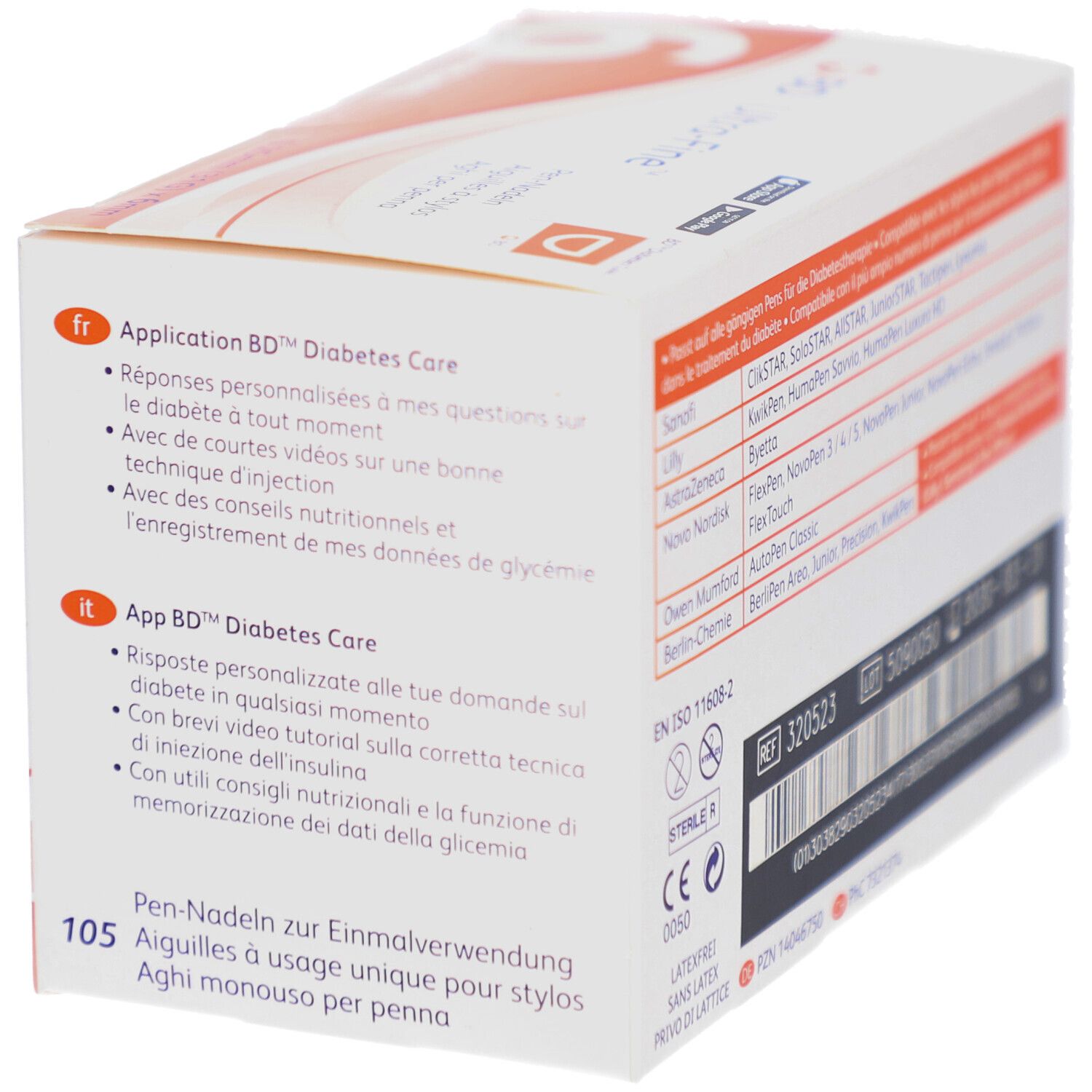 Seite der Verpackung von BD Ultra-Fine Pen-Nadeln. Text in Französisch und Italienisch zur BD Diabetes Care App. Barcode.