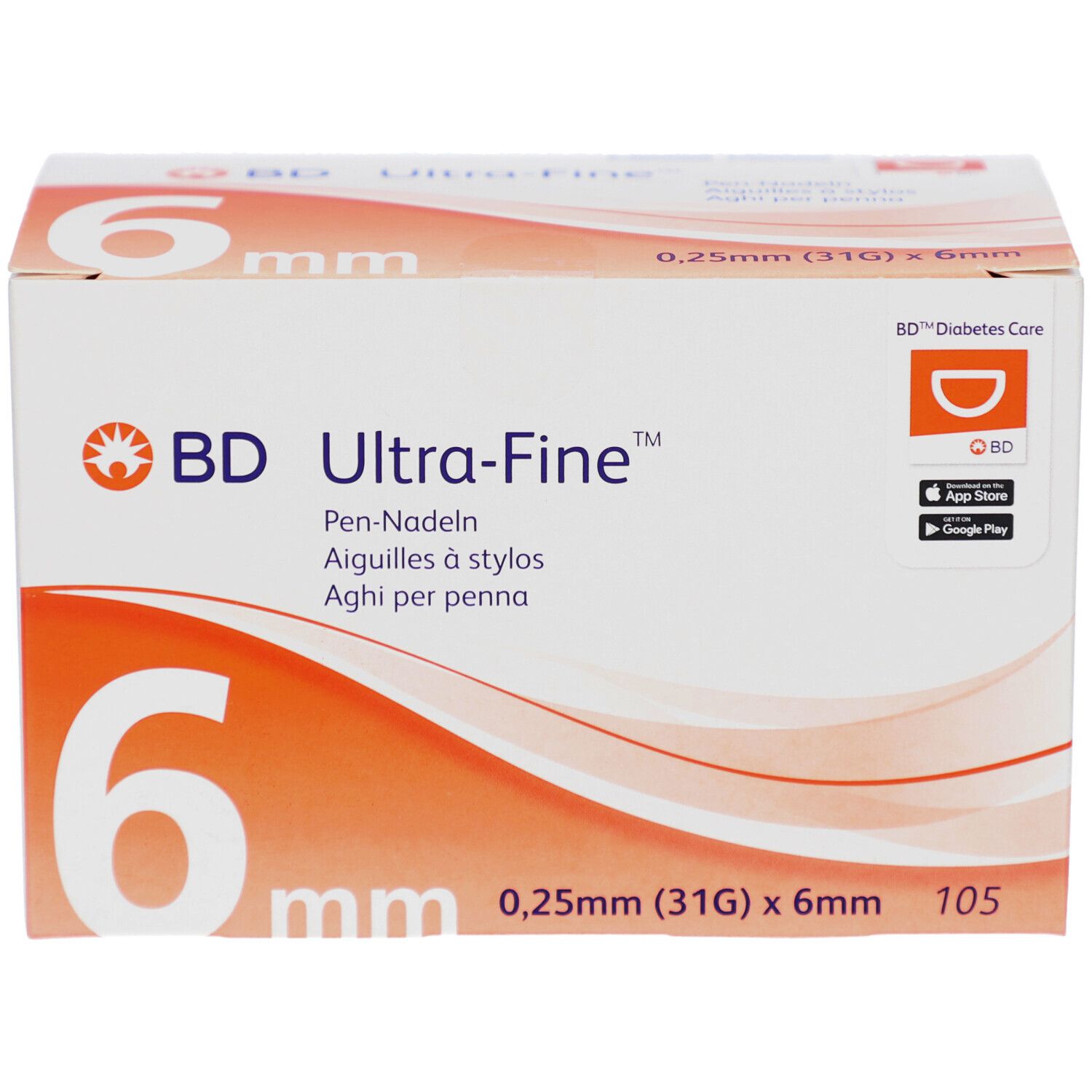 Verpackung von BD Ultra-Fine Pen-Nadeln. 6 mm Nadeln, 0,25 mm (31G). 105 Stück. BD Diabetes Care Logo. Weiß und orange.
