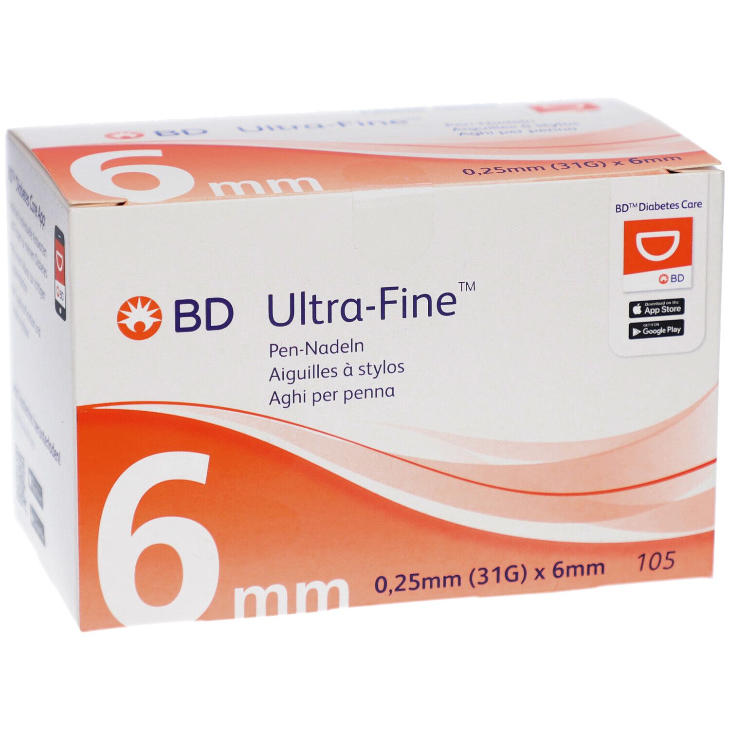 Verpackung von BD Ultra-Fine Pen-Nadeln. 6 mm Nadeln, 0,25 mm (31G). 105 Stück. BD Diabetes Care Logo. Perspektivische Ansicht.