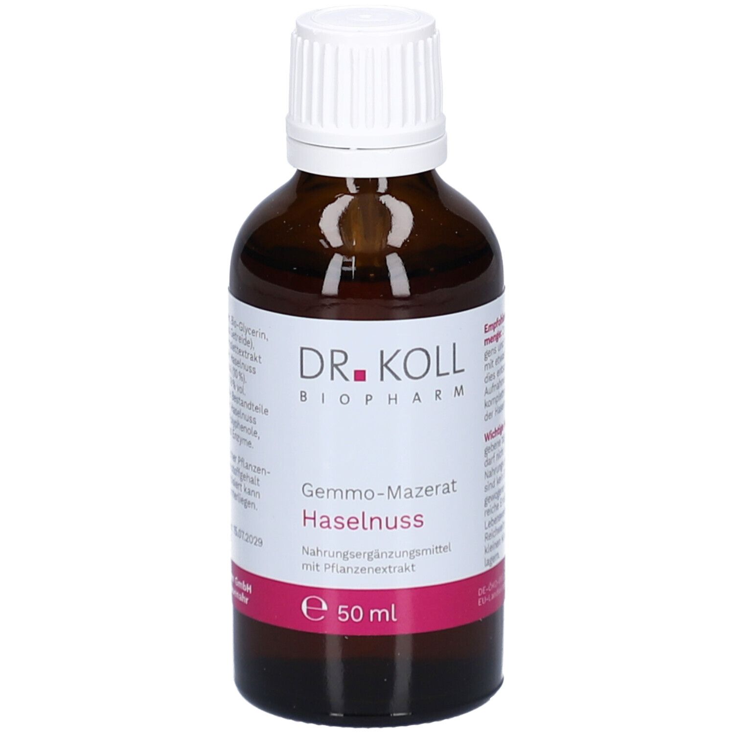 Braune Glasflasche mit weißem Deckel. Etikett mit Produktnamen, Marke DR. KOLL und Inhaltsangaben. Rosa Akzent.