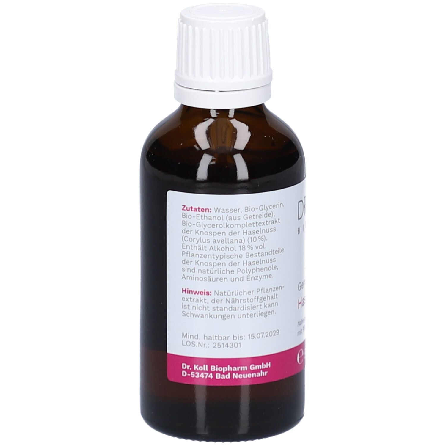 Braune Glasflasche mit weißem Deckel. Etikett mit Inhaltsstoffen, Herstellerinformationen und Mindesthaltbarkeitsdatum.