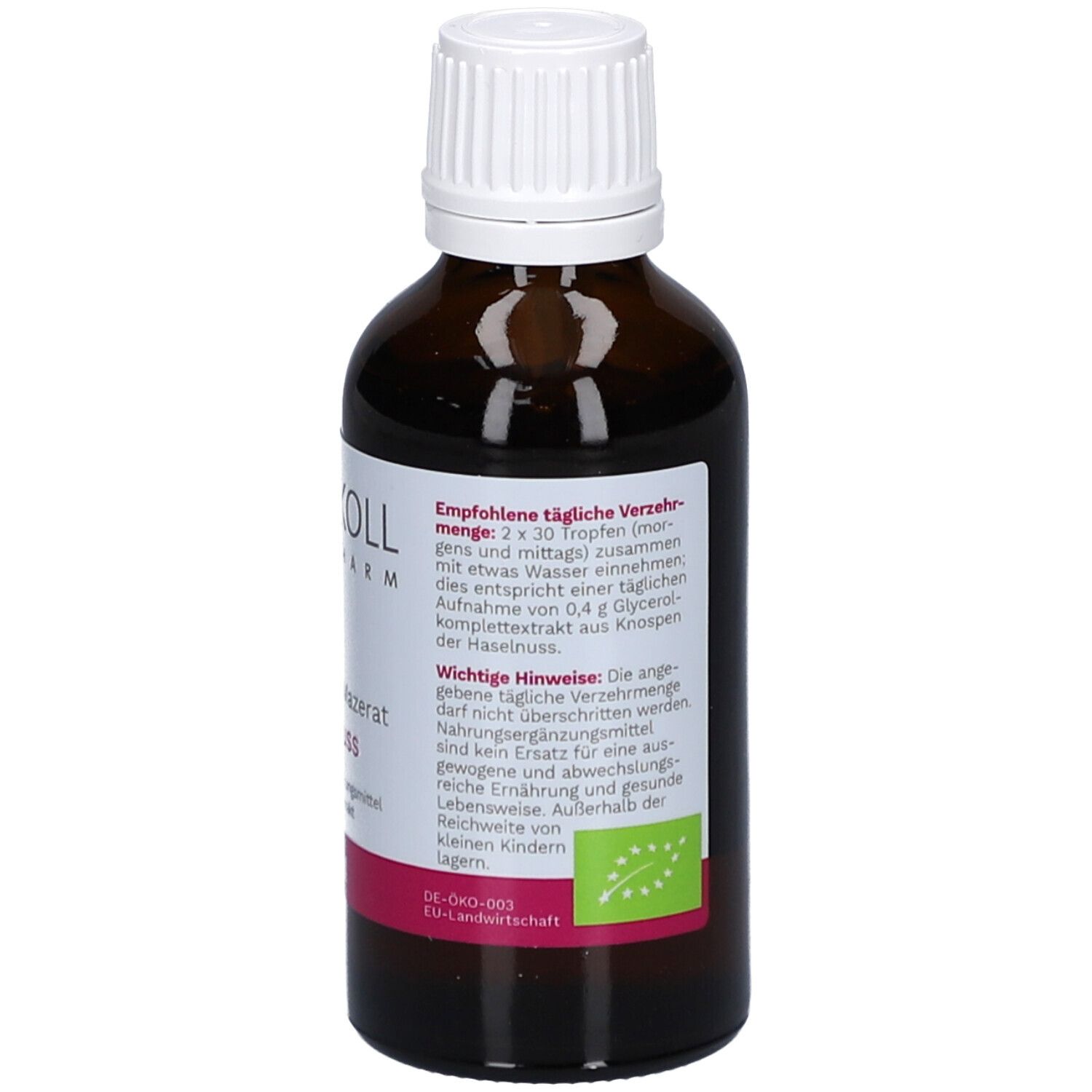 Braune Glasflasche mit weißem Deckel. Etikett mit Dosierungsempfehlung und Bio-Siegel. Rosa Akzent.