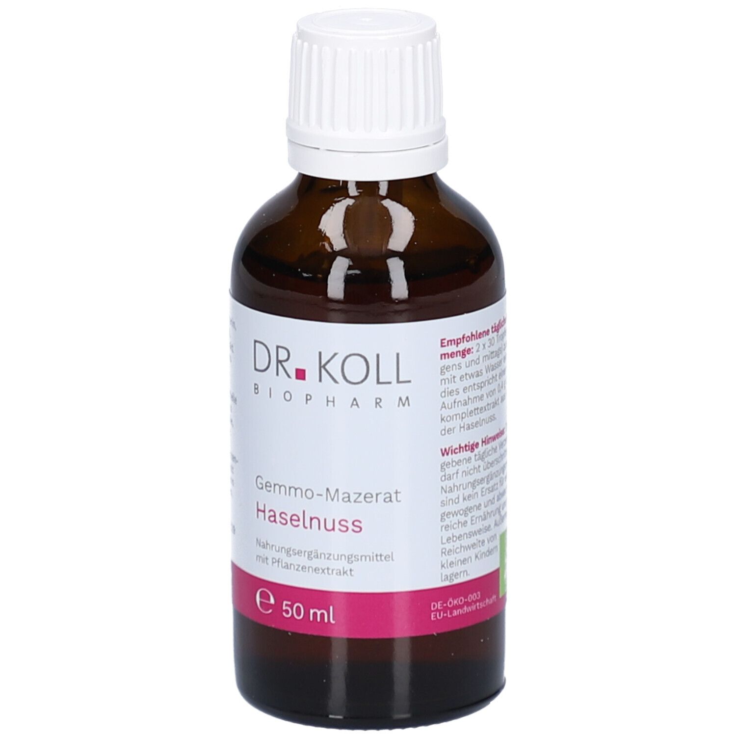 Braune Glasflasche mit weißem Deckel. Etikett mit Produktnamen, Marke DR. KOLL und Inhaltsangaben. Rosa Akzent.