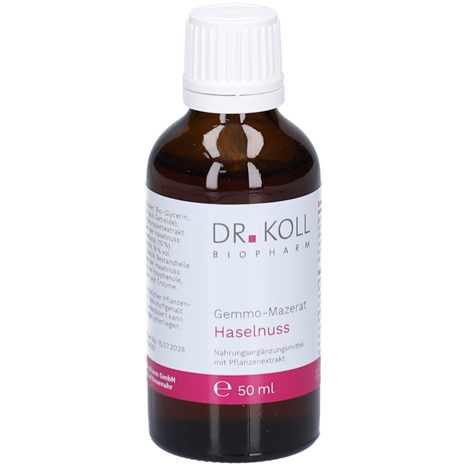 Braune Glasflasche mit weißem Deckel. Etikett mit Produktnamen, Marke DR. KOLL und Inhaltsangaben. Rosa Akzent.