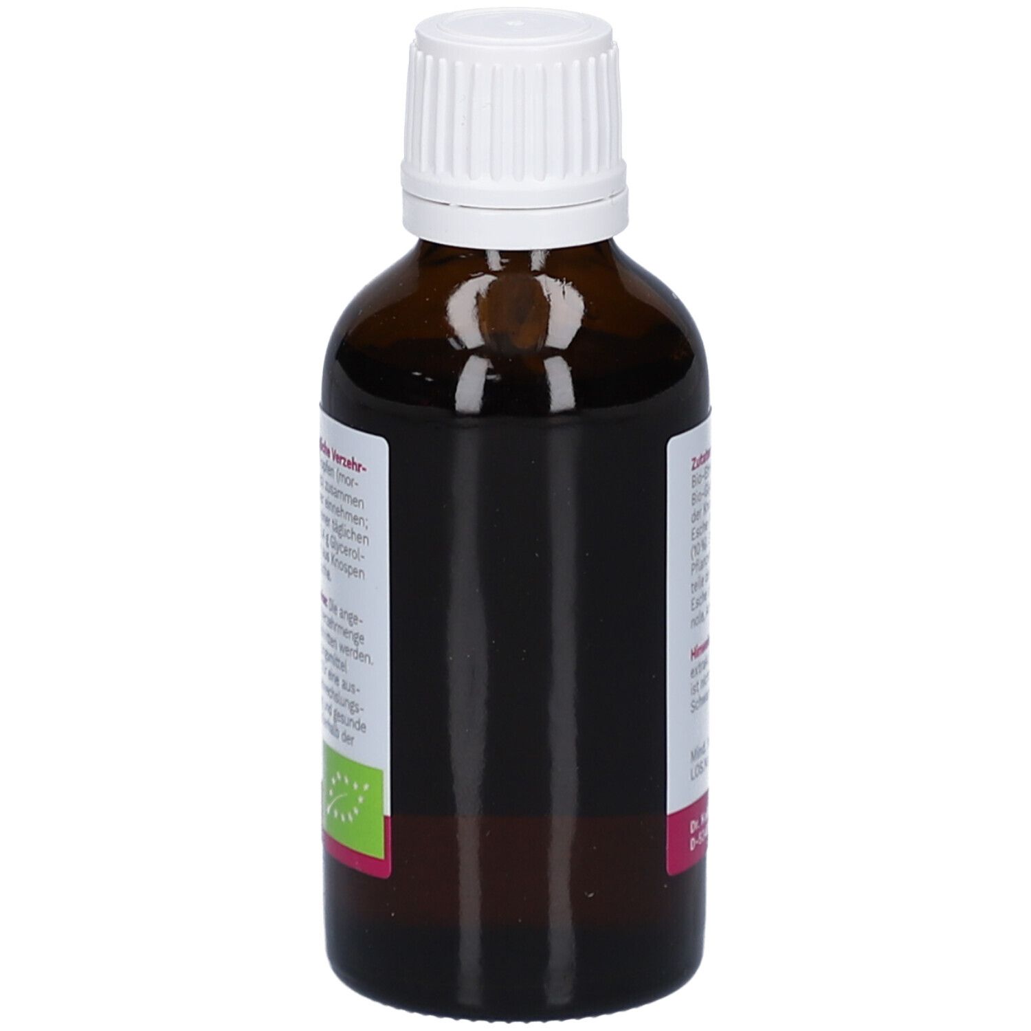 Braune Glasflasche mit weißem Deckel. Rückseite mit Informationen und Bio-Siegel. Rosa Akzent.