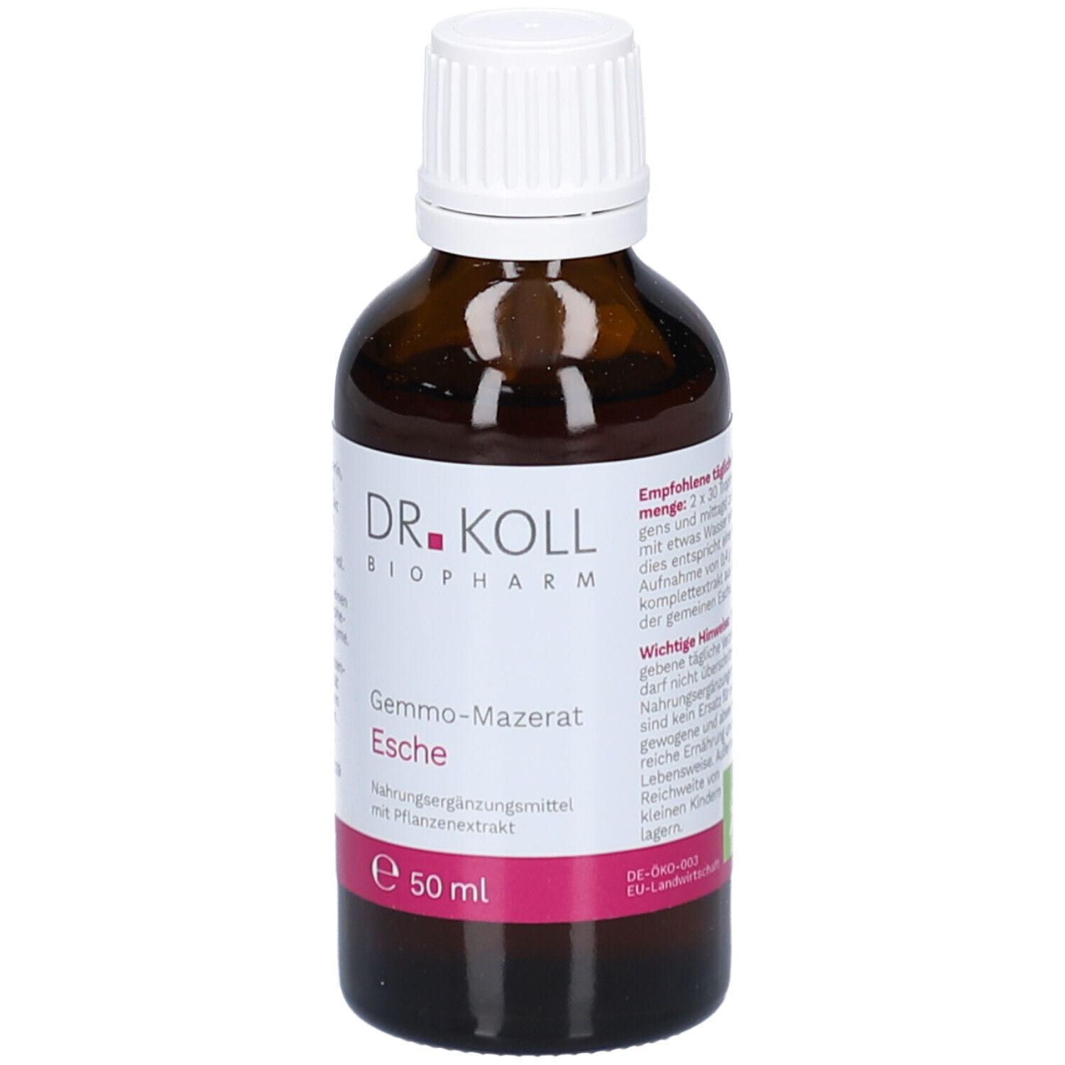 Braune Glasflasche mit weißem Deckel. Etikett mit Produktname, Marke DR. KOLL, und Inhaltsangaben. Rosa Akzent.