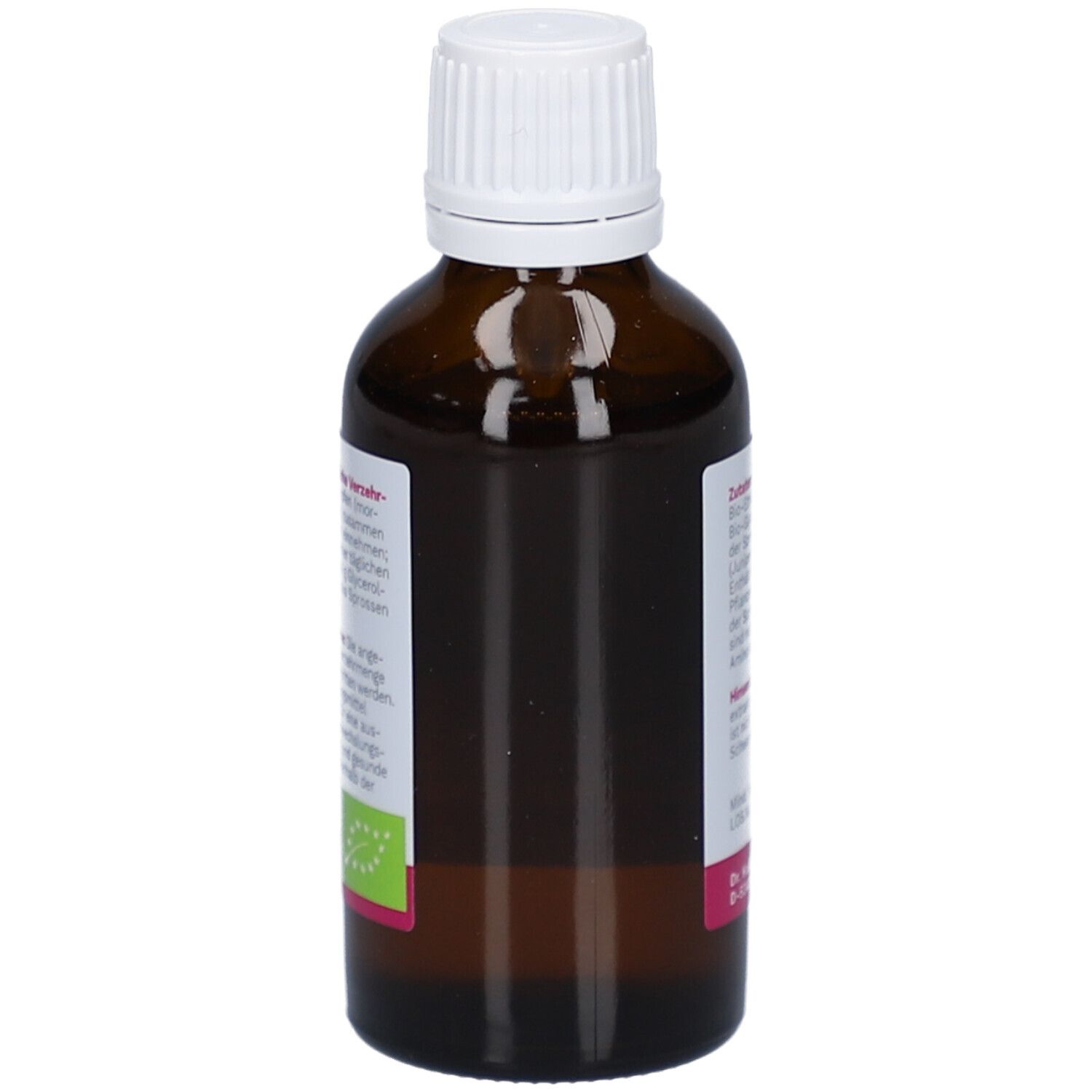 Braune Glasflasche mit weißem Deckel. Etikett mit Produktinformationen und Bio-Siegel.