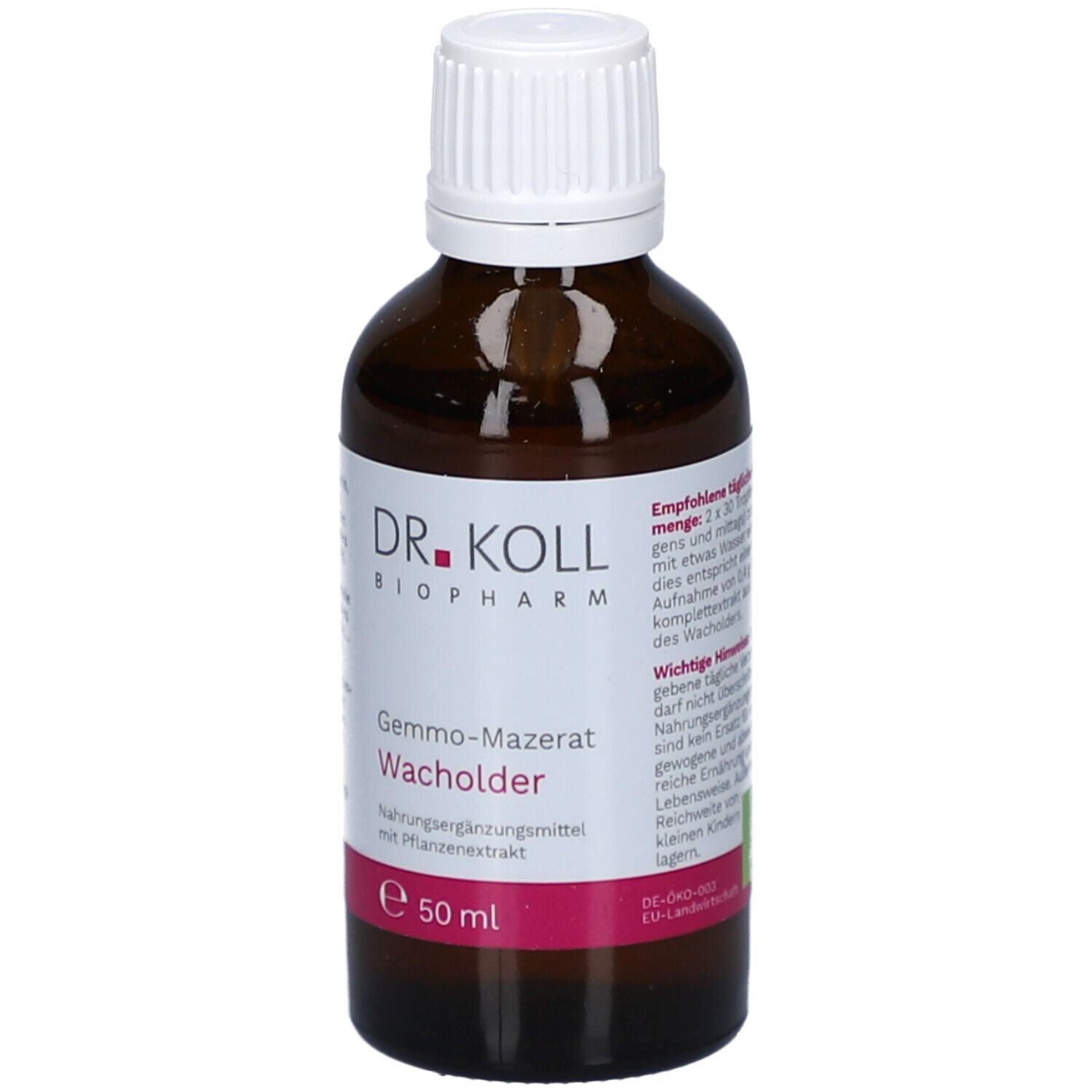 Braune Glasflasche mit weißem Deckel. Etikett mit Produktnamen, Marke und Inhaltsangabe. 50 ml.