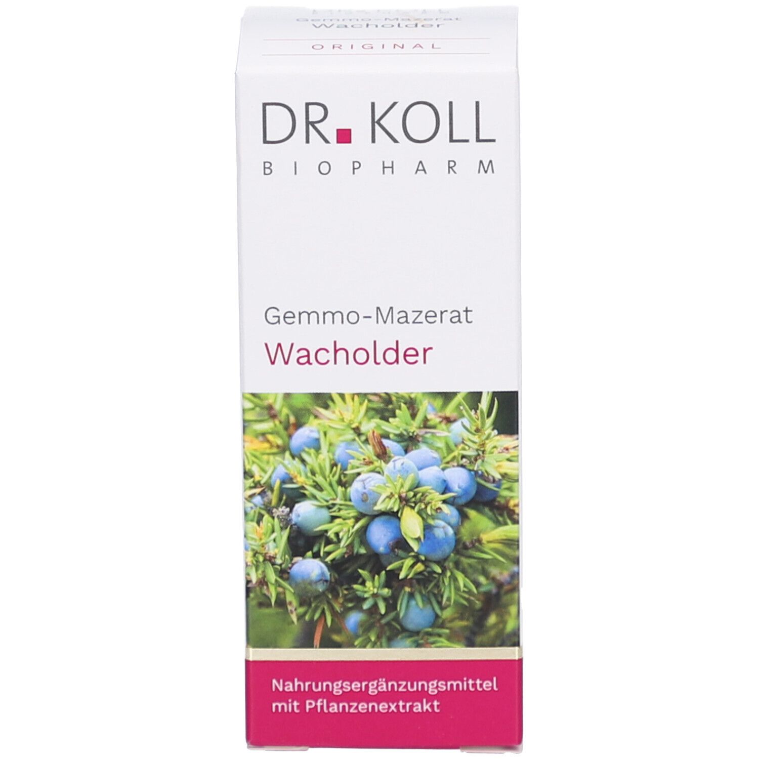 Produktverpackung. Schachtel mit Produktnamen, Marke und Abbildung von Wacholder.