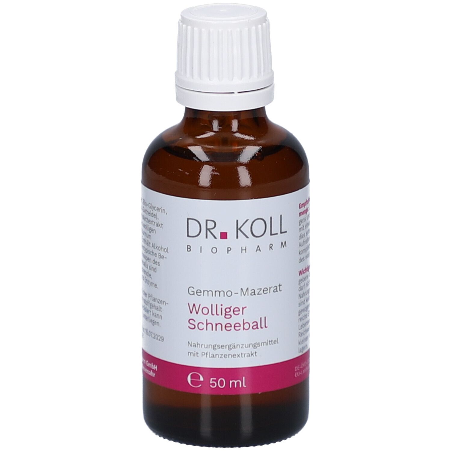 Braune Glasflasche mit weißem Deckel. Etikett mit Produktnamen und Marke DR. KOLL. 50 ml.