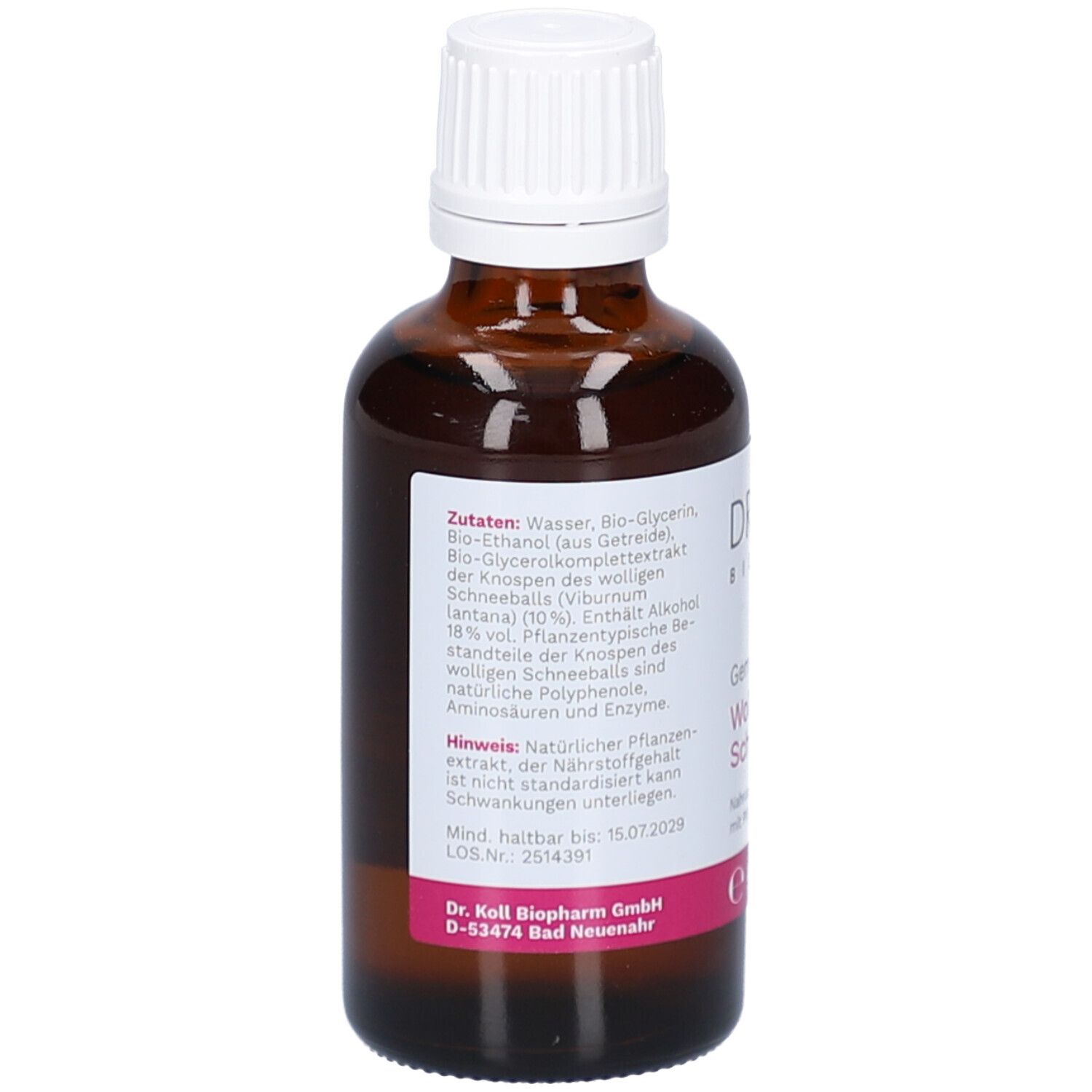 Braune Glasflasche mit weißem Deckel. Etikett mit Zutatenliste und weiteren Informationen.