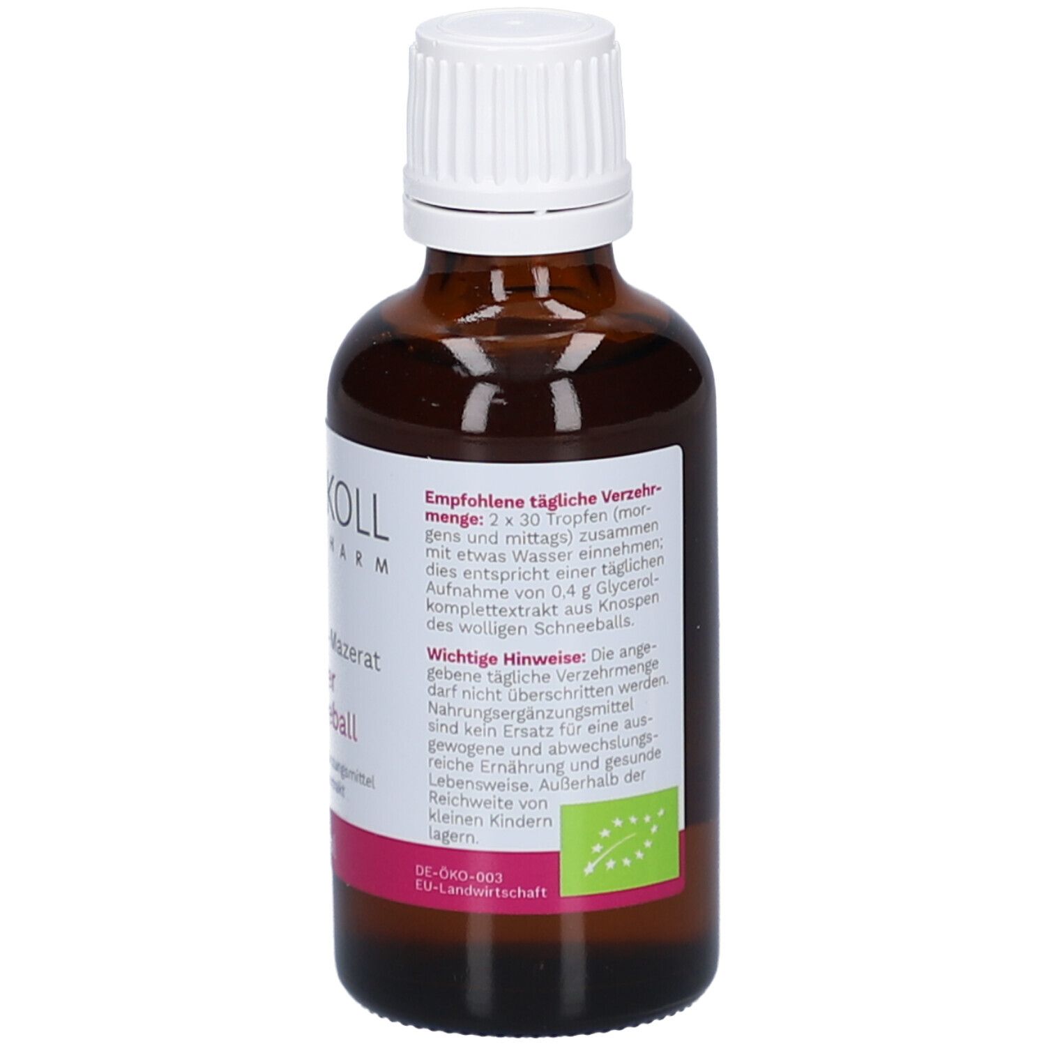 Braune Glasflasche mit weißem Deckel. Etikett mit Dosierungsempfehlung und weiteren Informationen.