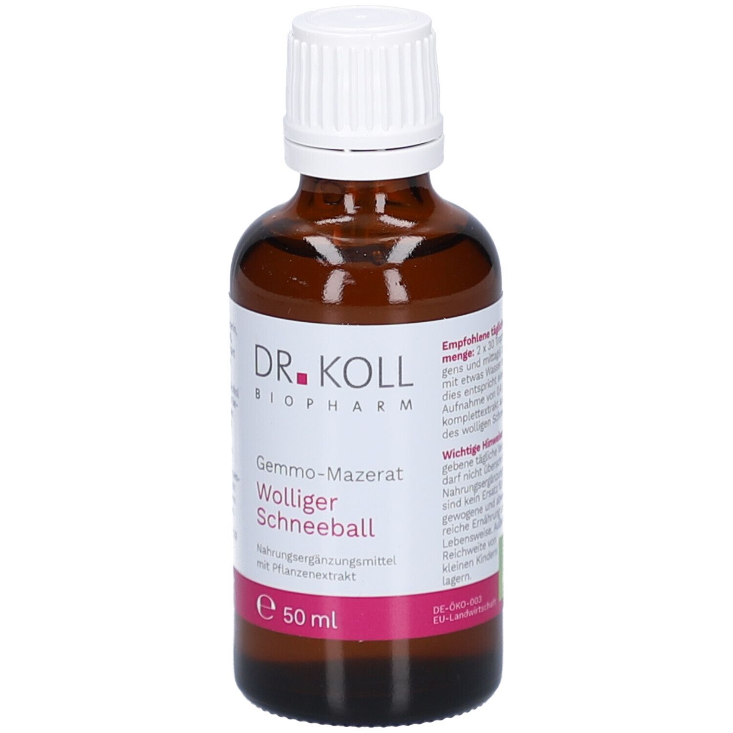 Braune Glasflasche mit weißem Deckel. Etikett mit Produktnamen und Marke DR. KOLL. 50 ml.