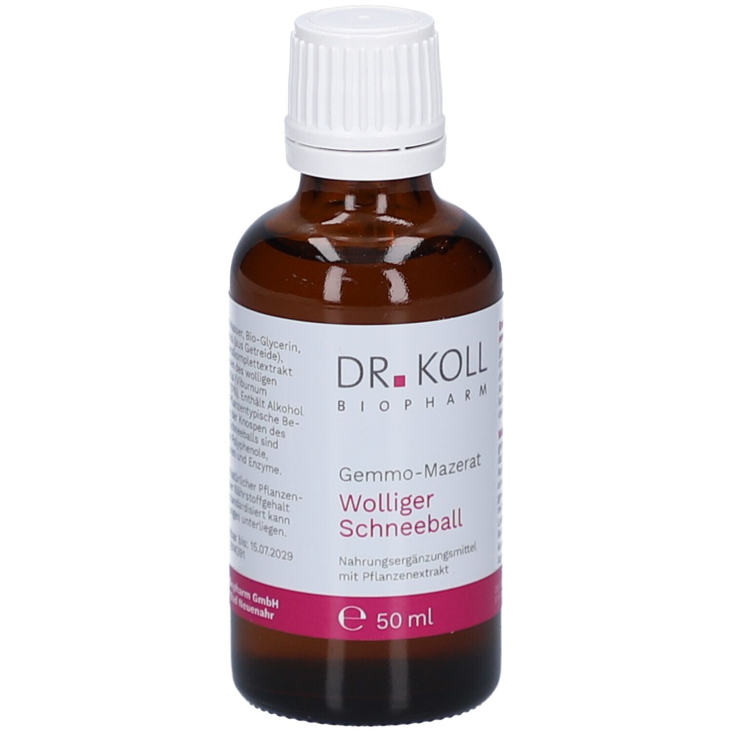 Braune Glasflasche mit weißem Deckel. Etikett mit Produktnamen und Marke DR. KOLL. 50 ml.