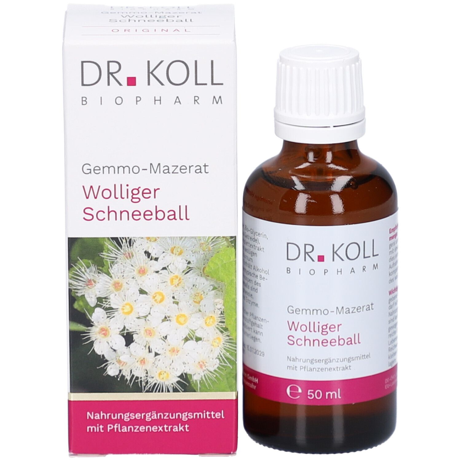 Braune Glasflasche und Verpackung. Flasche mit weißem Deckel. Verpackung mit Produktnamen und Marke DR. KOLL. 50 ml.