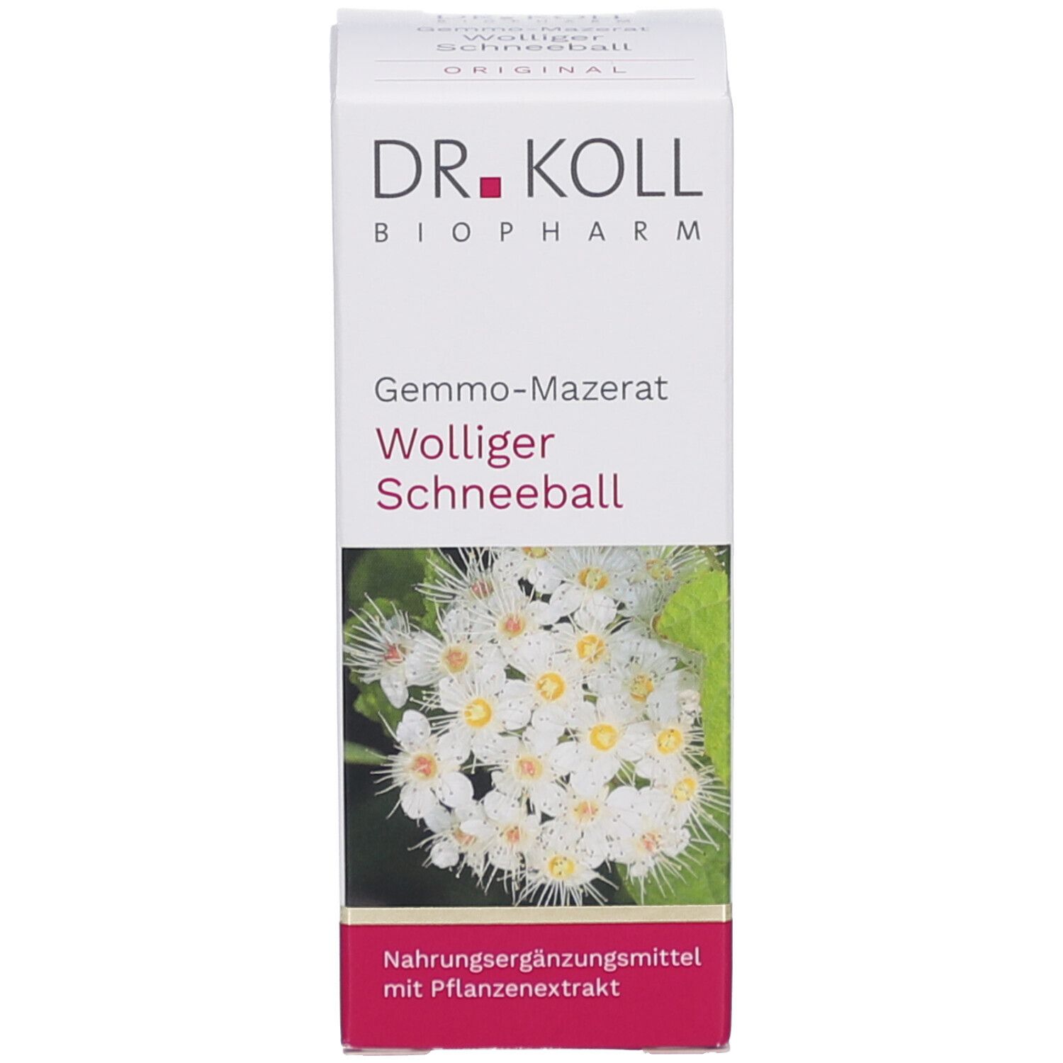 Verpackung mit Produktnamen und Marke DR. KOLL. Abbildung von Blüten. Text: Nahrungsergänzungsmittel.