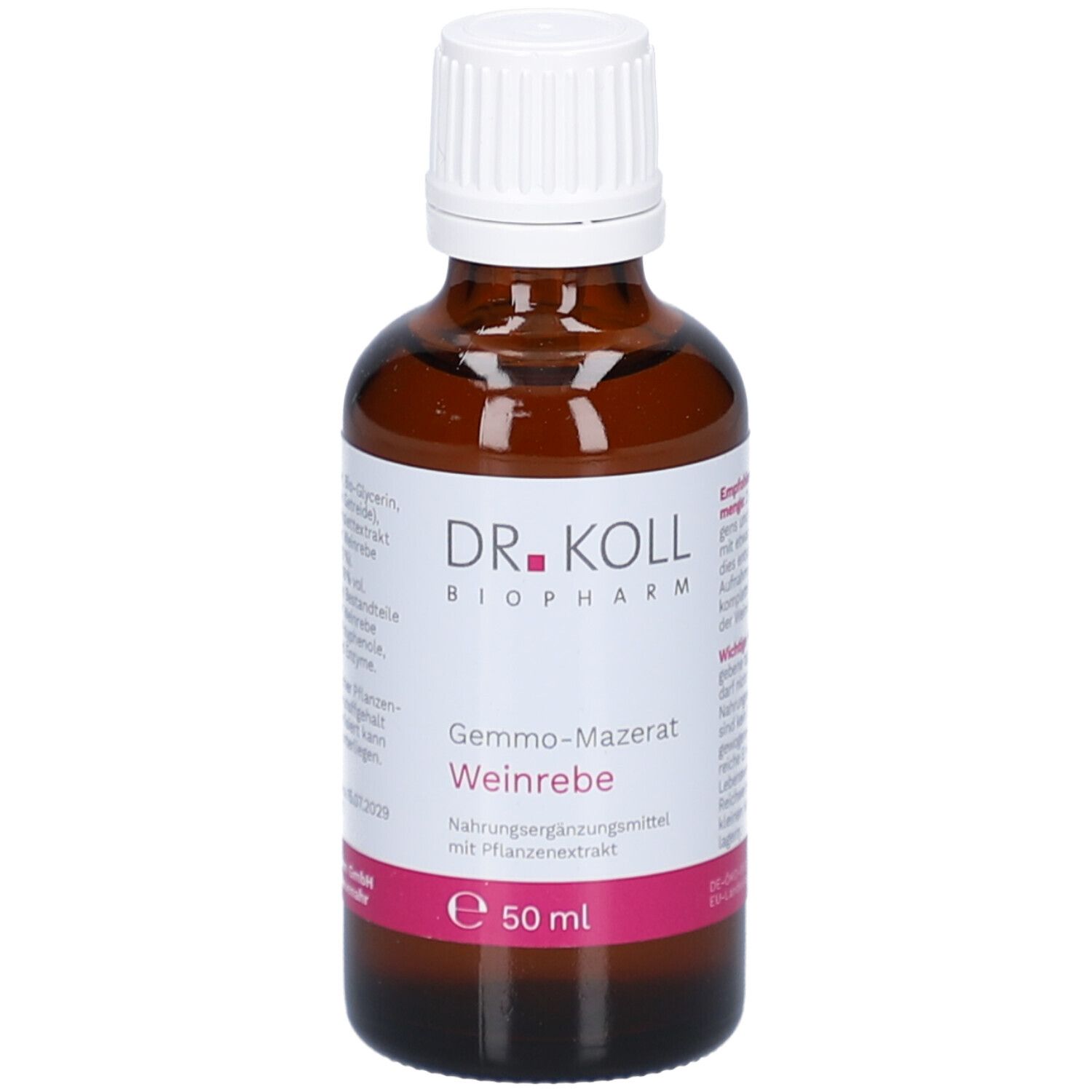 Braune Glasflasche mit weißem Deckel. Etikett mit Produktnamen, Marke Dr. Koll und Inhaltsangabe. 50 ml.