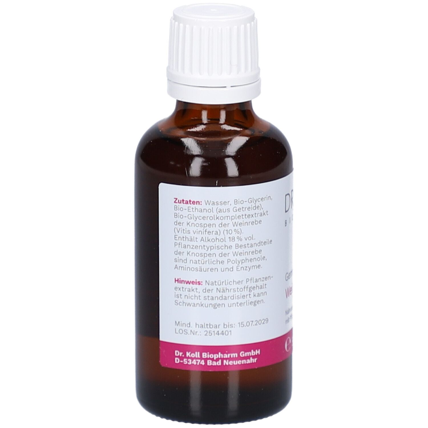 Braune Glasflasche mit weißem Deckel. Etikett mit Inhaltsstoffen, Herstellerinformationen und Mindesthaltbarkeitsdatum.