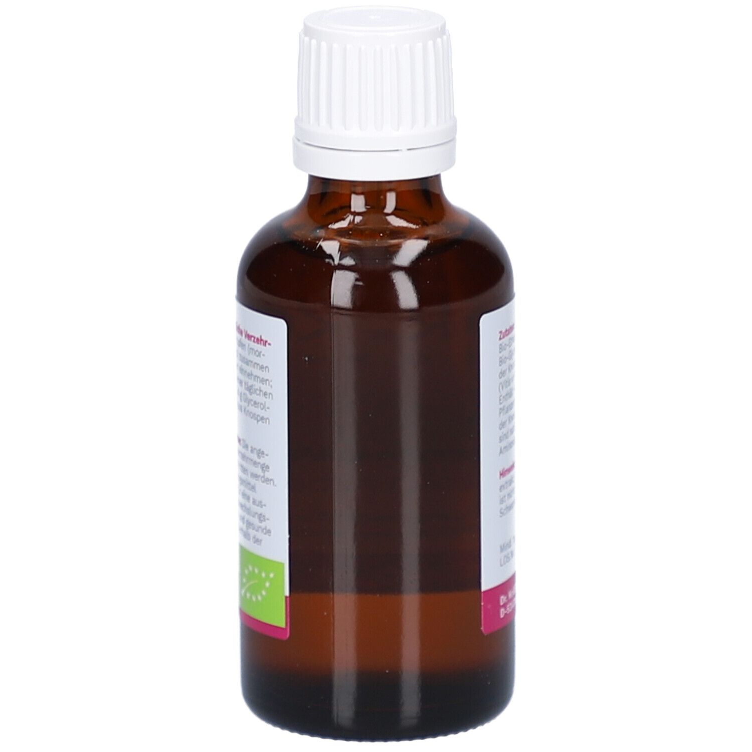 Braune Glasflasche mit weißem Deckel. Etikett mit Inhaltsstoffen und Herstellerinformationen. Rückansicht.