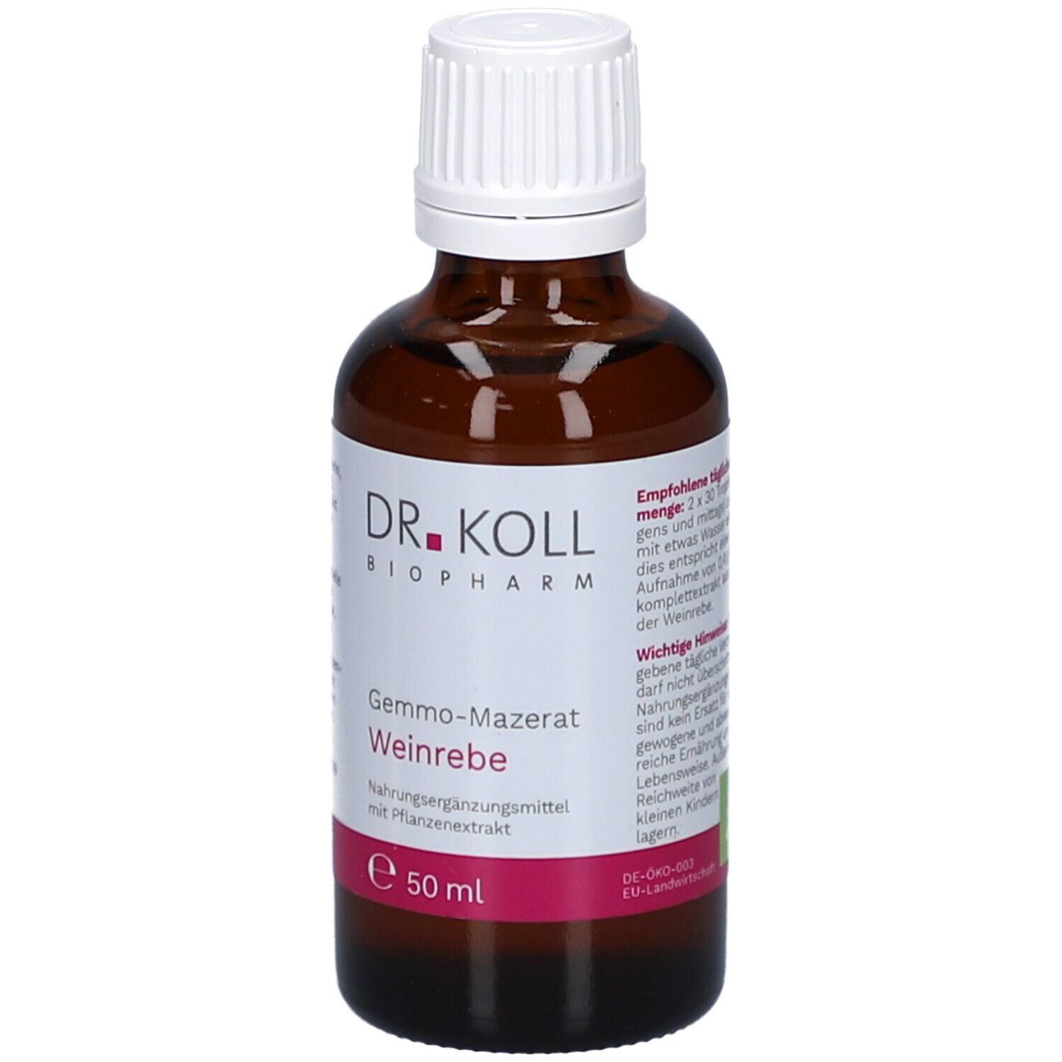 Braune Glasflasche mit weißem Deckel. Etikett mit Produktnamen, Marke Dr. Koll und Inhaltsangabe. 50 ml.