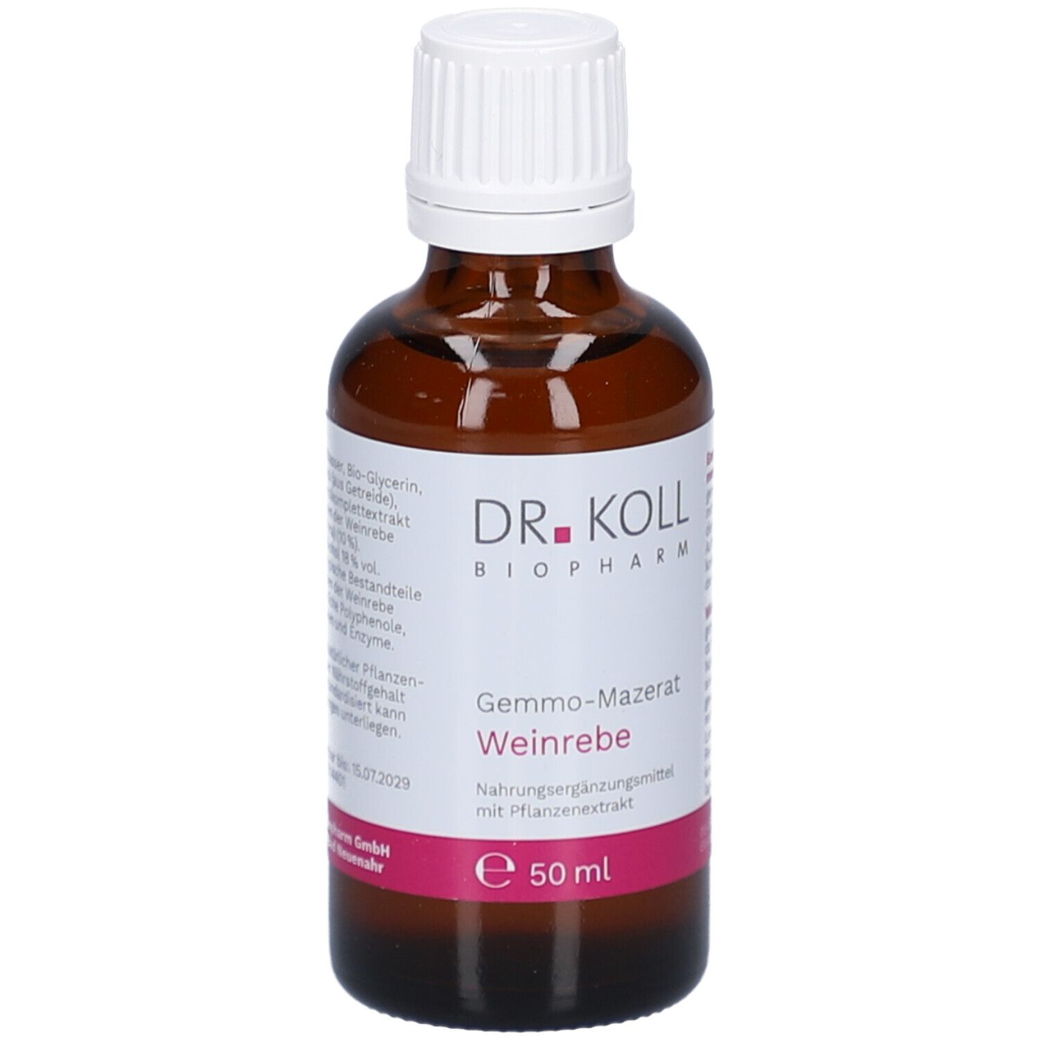 Braune Glasflasche mit weißem Deckel. Etikett mit Inhaltsstoffen, Produktnamen und Marke Dr. Koll. 50 ml.