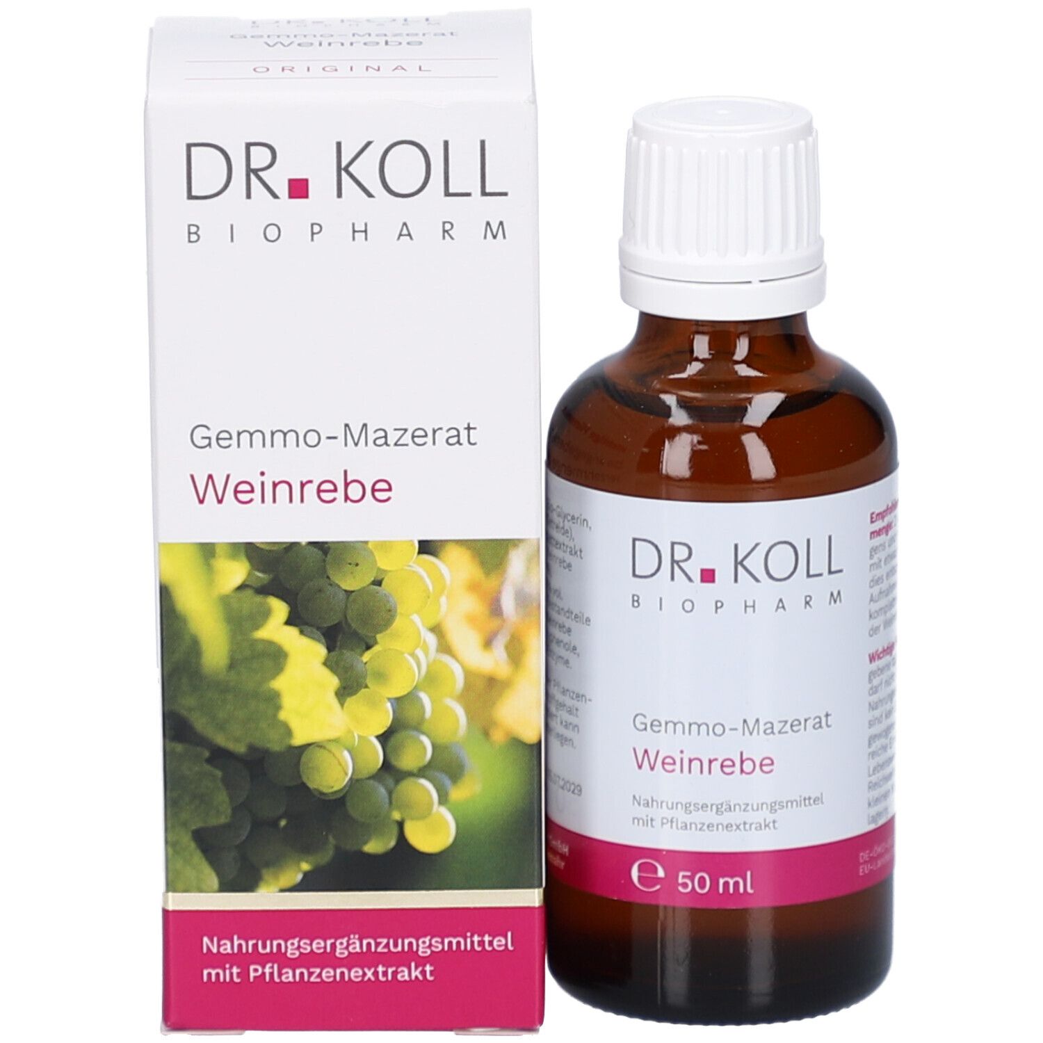 Produktflasche und Verpackung. Flasche mit weißem Deckel und Etikett. Karton mit Produktnamen und Marke Dr. Koll.