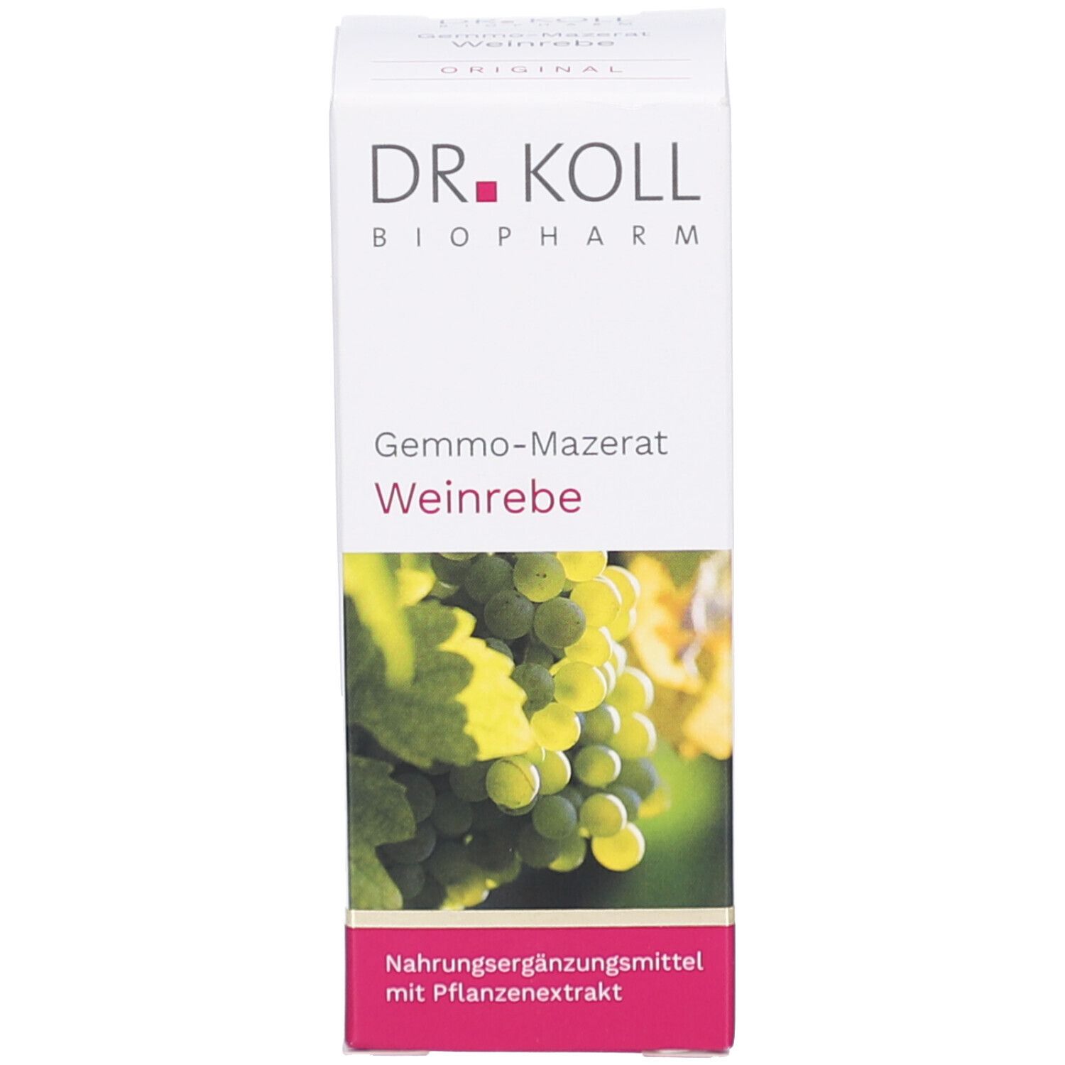 Produktverpackung. Karton mit Produktnamen, Marke Dr. Koll und Abbildung von Trauben.