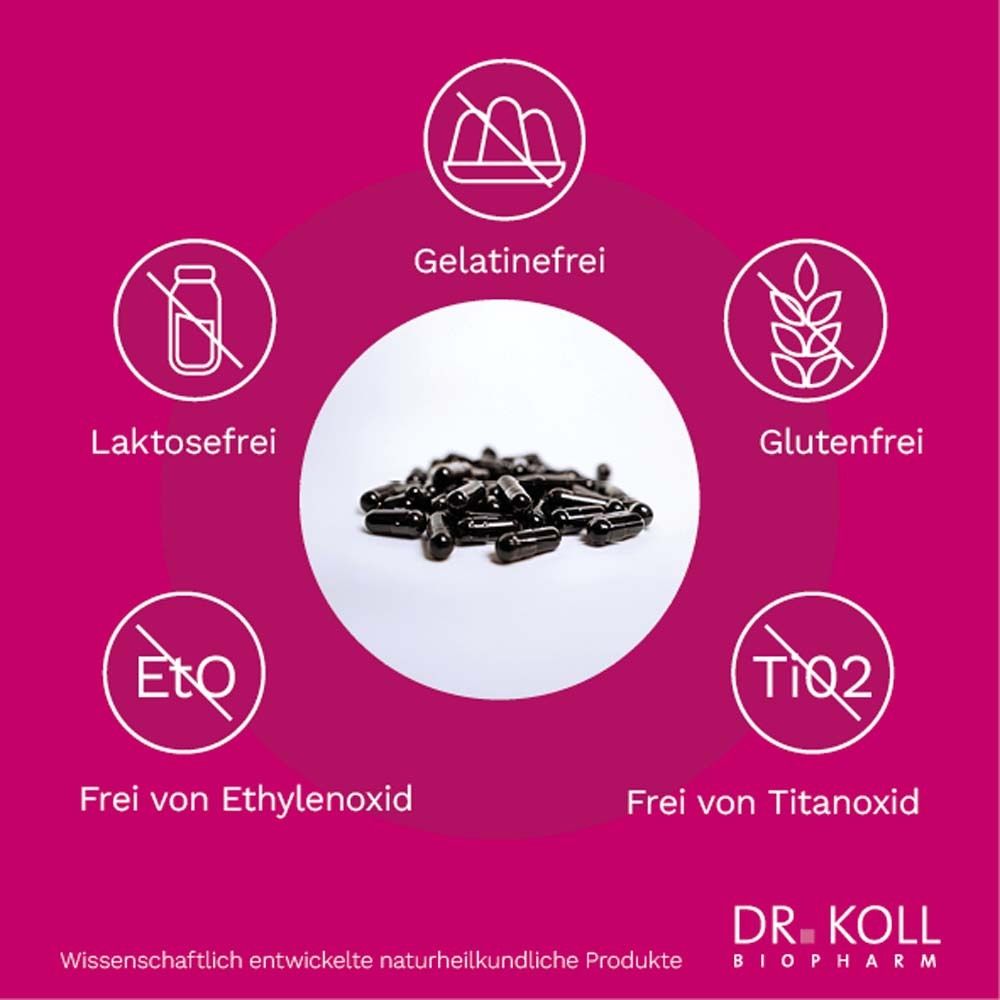 Haufen schwarzer Kapseln. Text: Frei von Gelatine, Laktose, Gluten, EtO, TiO2. Kreisförmige Anordnung.
