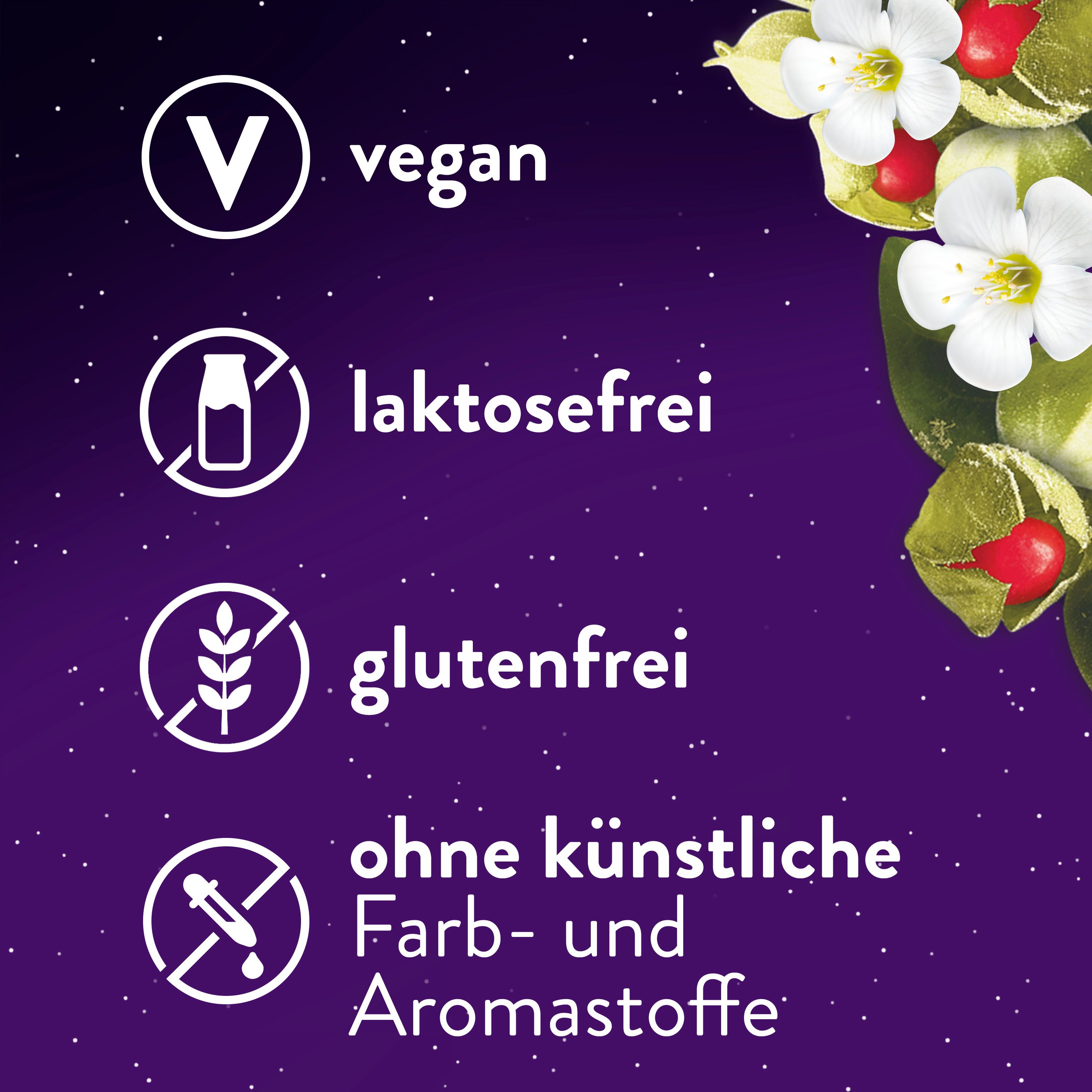Symbole: Vegan, laktosefrei, glutenfrei, ohne künstliche Farb- und Aromastoffe.