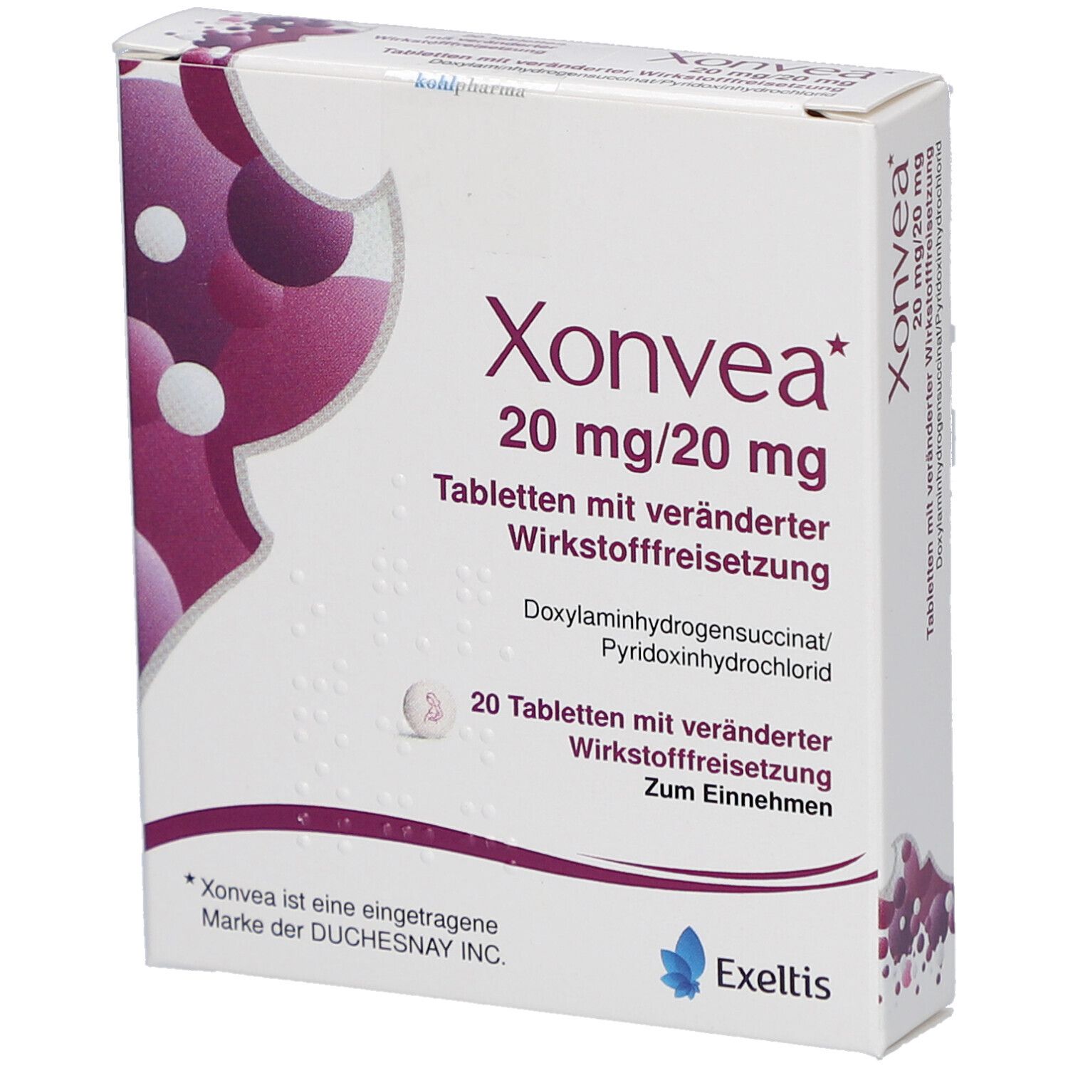 Xonvea 20 mg/20 mg Tabletten-Packung. Aufdruck: Name, Dosierung, Wirkstofffreisetzung, 20 Tabletten. Exeltis-Logo.