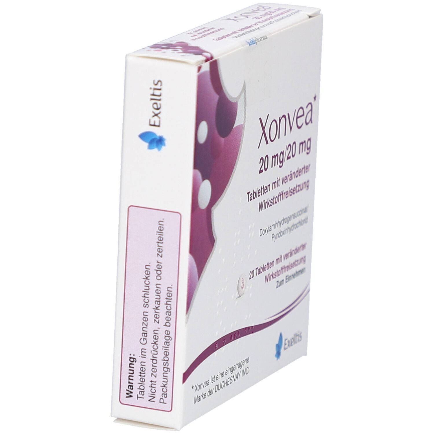 Xonvea-Tablettenpackung, Seitenansicht. Aufdruck: Name, Dosierung, Wirkstofffreisetzung. Warnhinweis. Exeltis-Logo.