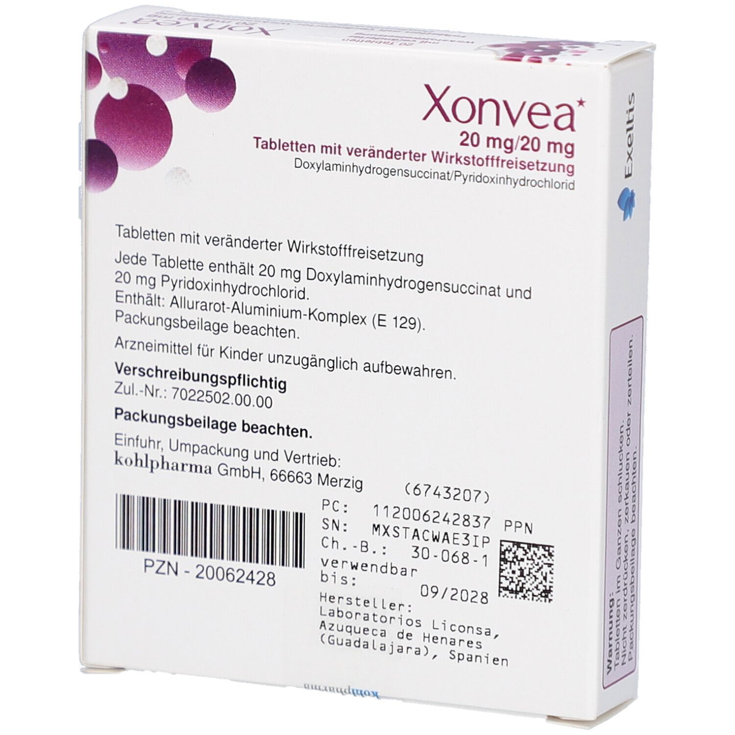 Rückseite der Xonvea-Tablettenpackung. Aufdruck: Inhaltsstoffe, Hersteller, Chargennummer, Verfallsdatum, PZN-Code.