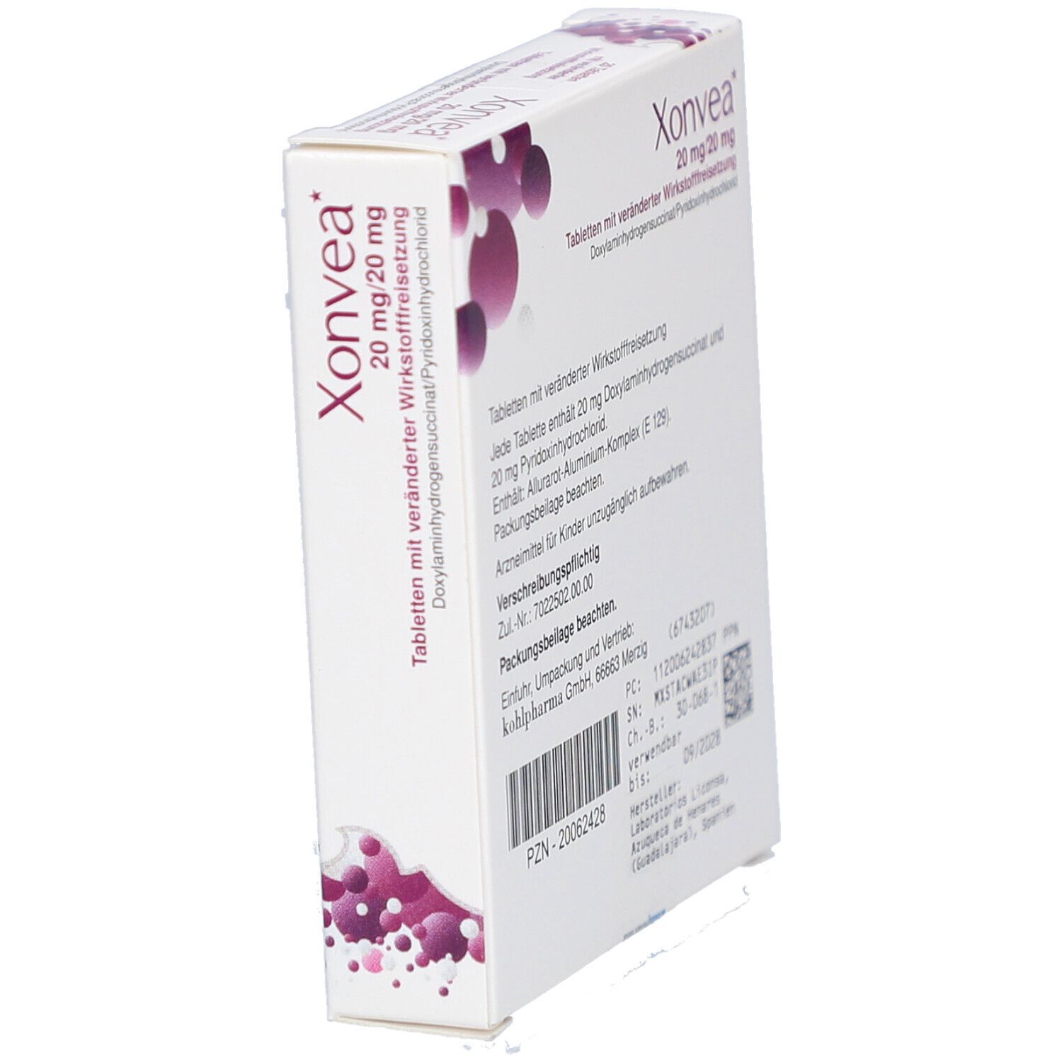 Xonvea-Tablettenpackung, schräge Seitenansicht. Aufdruck: Name, Dosierung, Wirkstofffreisetzung. Exeltis-Logo.