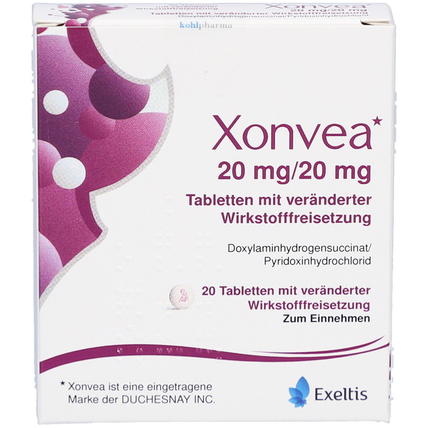 Xonvea 20 mg/20 mg Tabletten-Packung. Aufdruck: Name, Dosierung, Wirkstofffreisetzung, 20 Tabletten. Exeltis-Logo.
