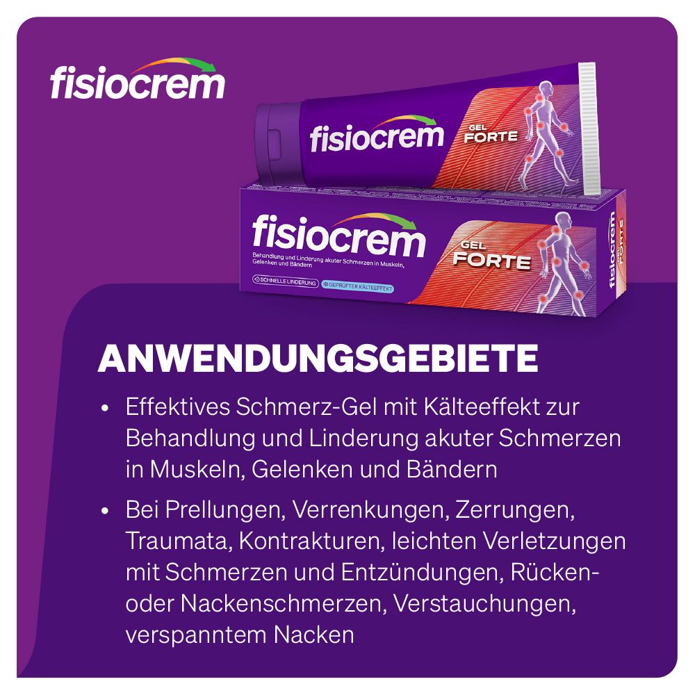 Fisiocrem Gel Forte Tube und Faltschachtel, mit Liste der Anwendungsgebiete und Kälteeffekt.