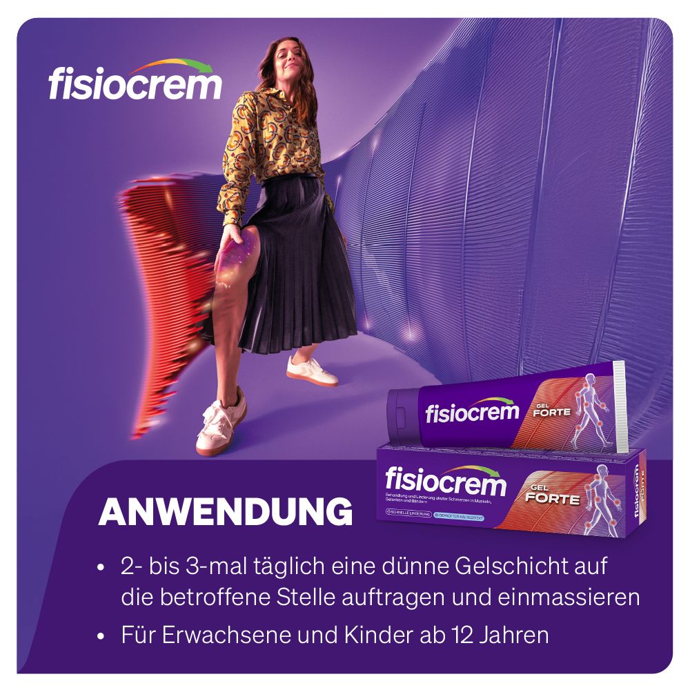 Frau mit schmerzendem Knie neben Fisiocrem Gel Forte Tube und Faltschachtel, Anwendungshinweise.