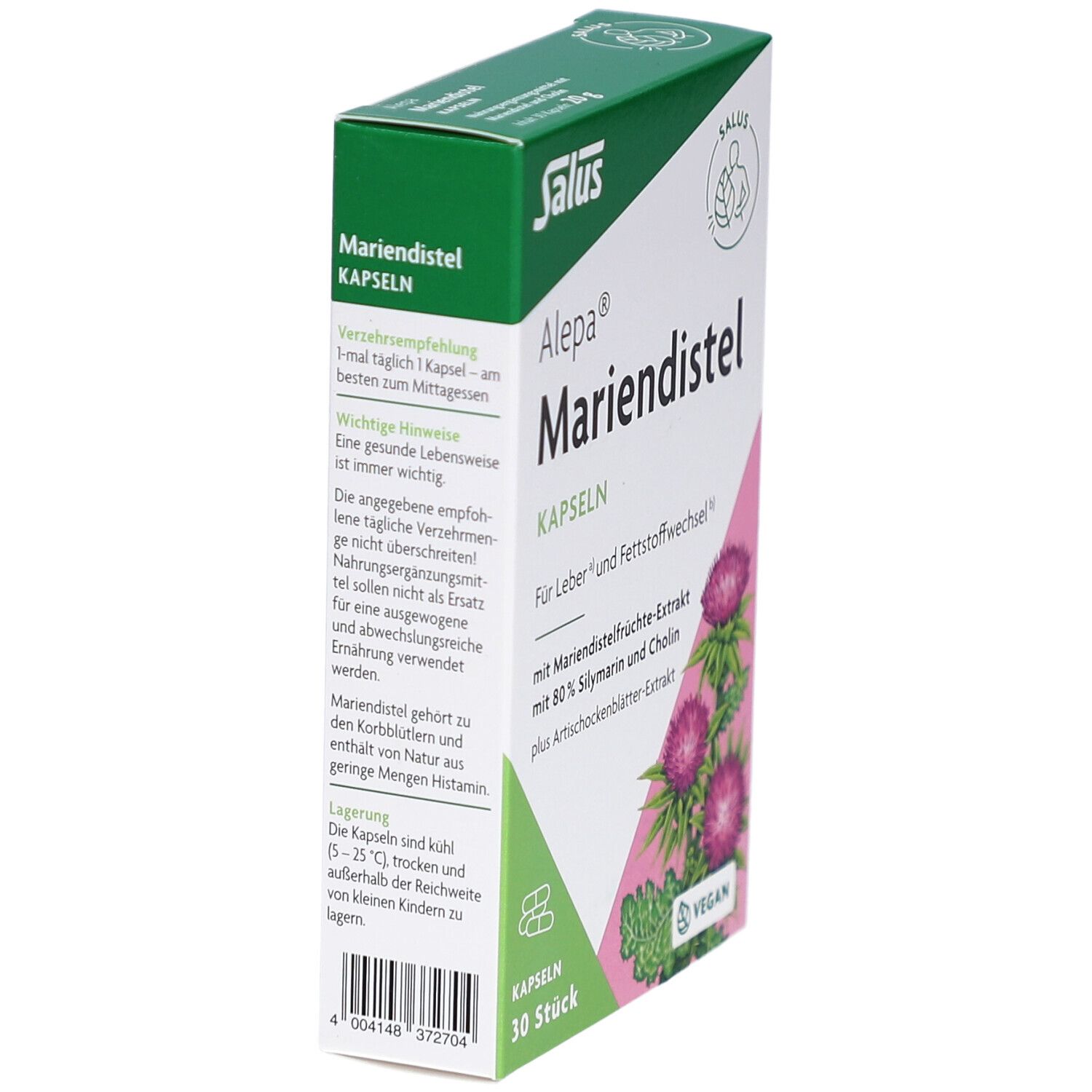 Seitenansicht der grünen und weißen Schachtel mit Salus Alepa Mariendistel Kapseln. Text und Illustrationen von Distelblüten.