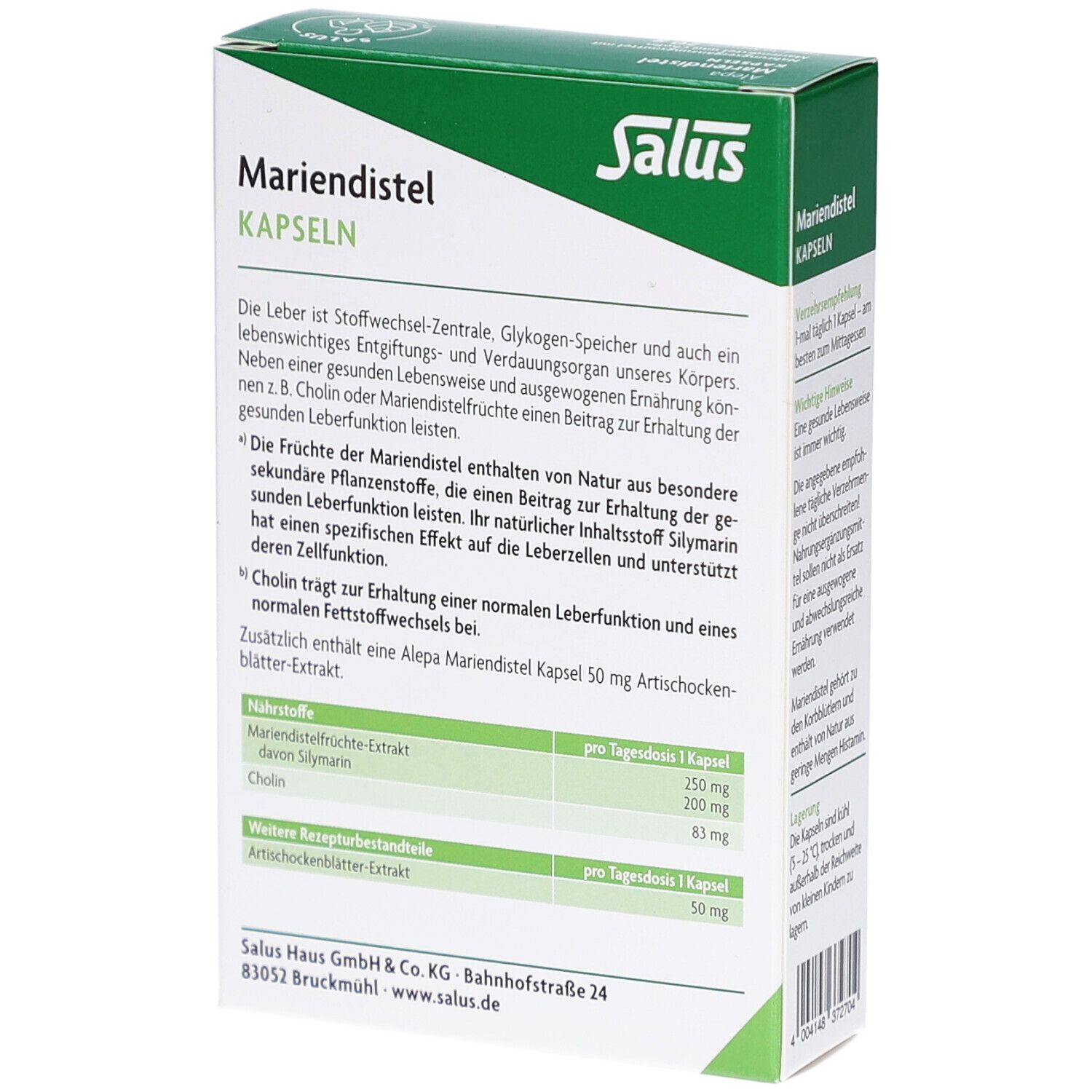 Rückseite der grünen und weißen Schachtel mit Salus Alepa Mariendistel Kapseln. Text über Inhaltsstoffe und Nährwerte.