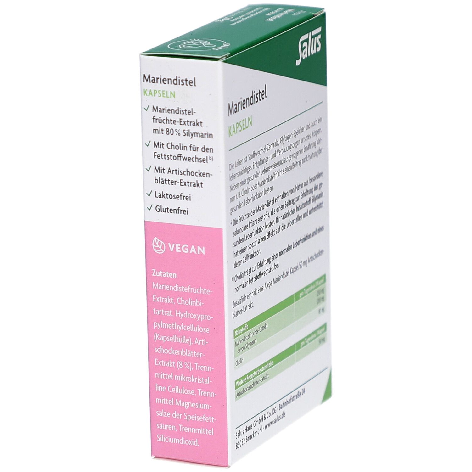 Schachtel mit Salus Alepa Mariendistel Kapseln. Text über Inhaltsstoffe, veganes Siegel und weitere Informationen.