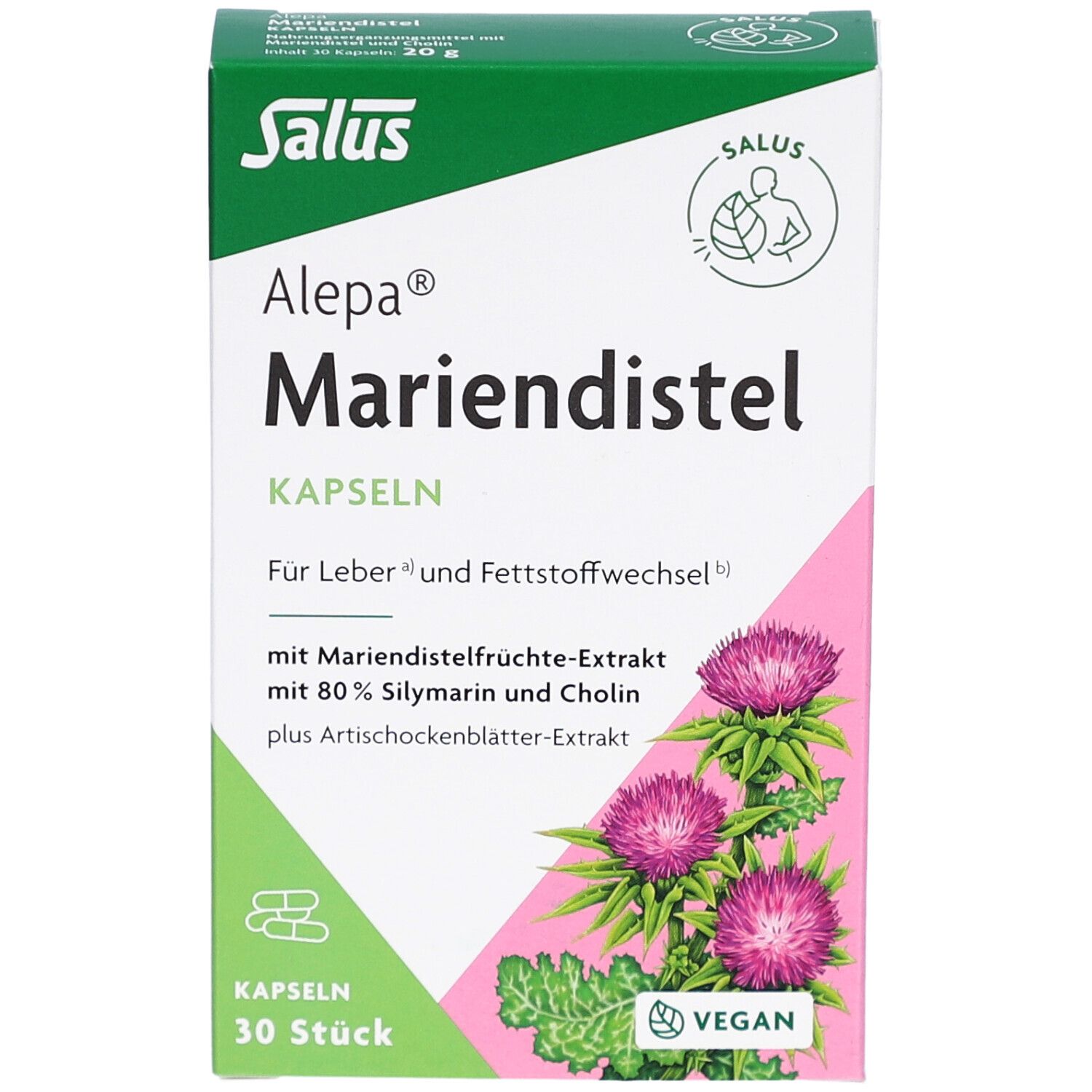 Grüne und weiße Schachtel mit Salus Alepa Mariendistel Kapseln. Enthält 30 Stück. Vegan. Abbildung von Distelblüten.