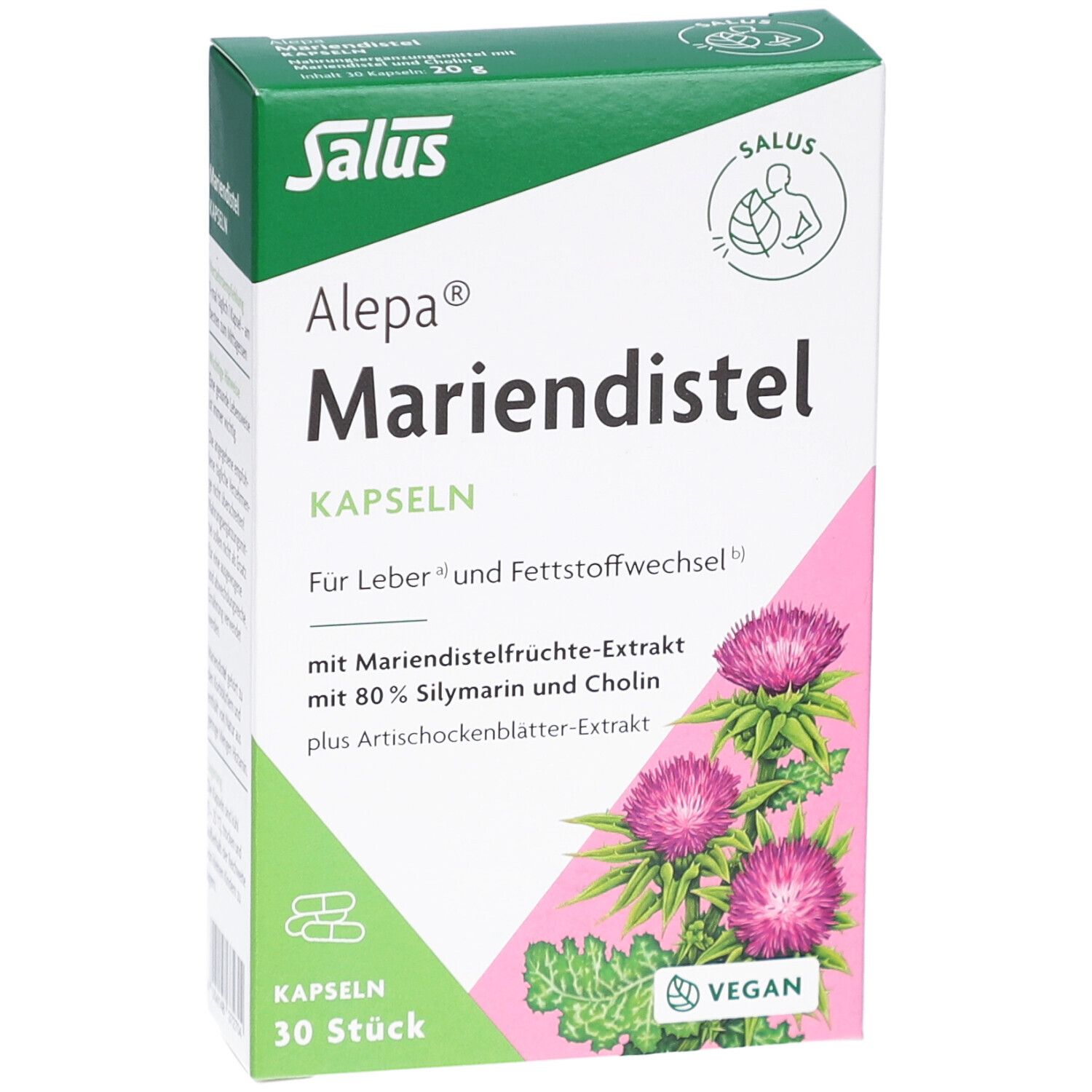 Schachtel mit Salus Alepa Mariendistel Kapseln. Enthält 30 Stück. Vegan. Abbildung von Distelblüten. Ansicht von oben.