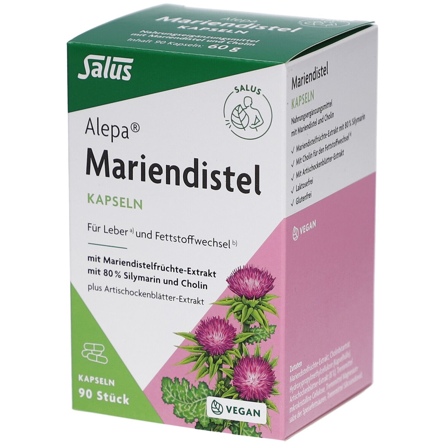 Grüne und weiße Schachtel mit Salus Alepa Mariendistel Kapseln. Enthält 90 Stück. Vegan-Siegel. Abbildung von Distelblüten.