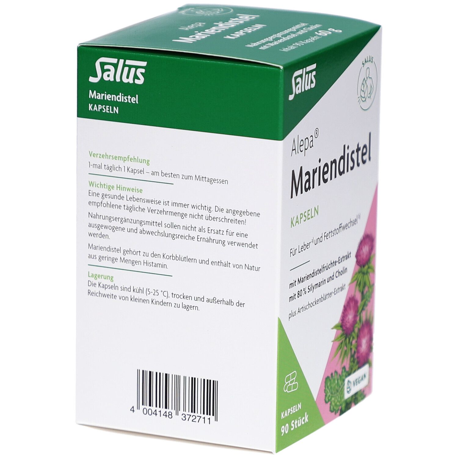 Rückseite der Salus Alepa Mariendistel Kapseln-Verpackung. Text mit Verzehrempfehlung und wichtigen Hinweisen. Barcode unten.