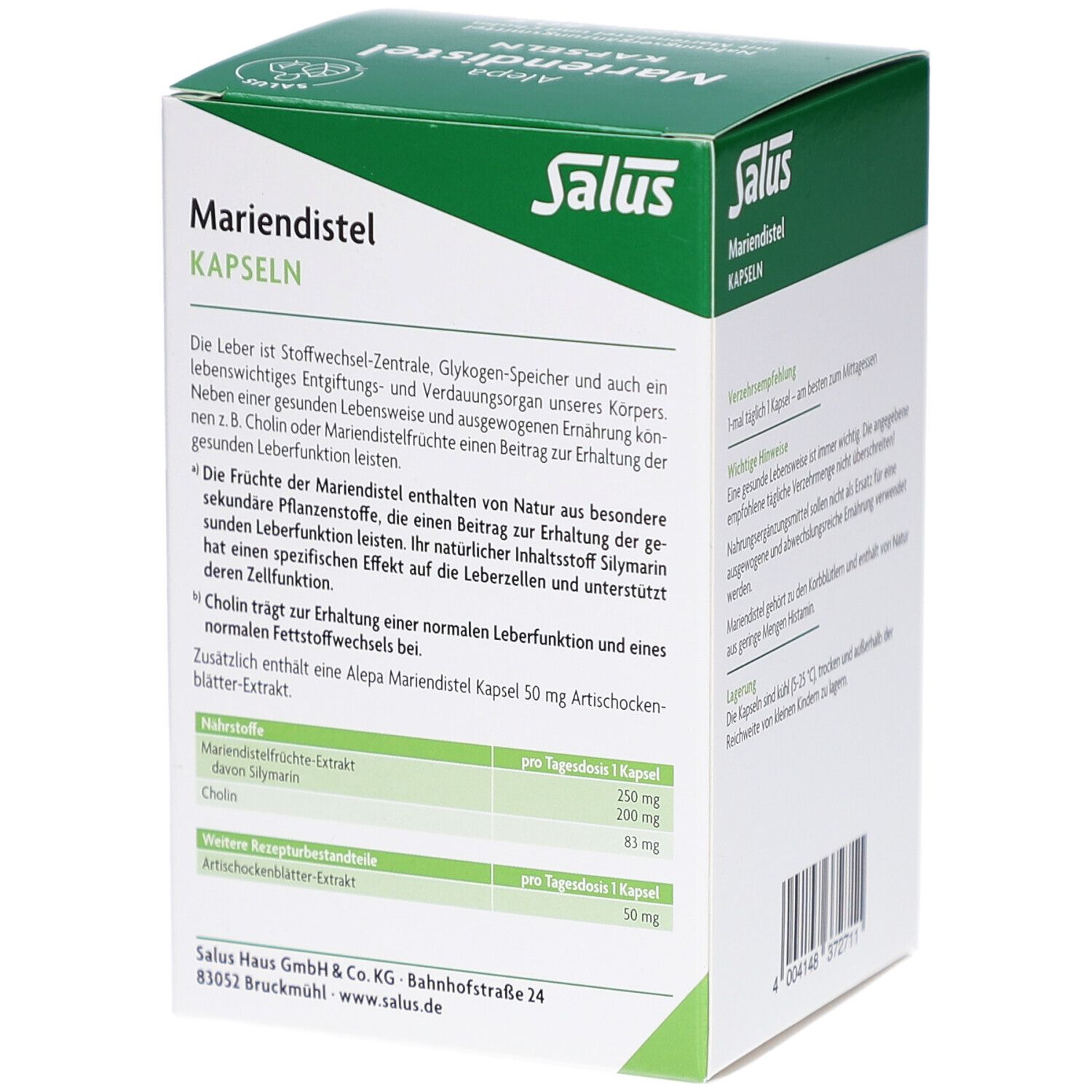 Seite der Salus Alepa Mariendistel Kapseln-Verpackung. Text mit Informationen zu Inhaltsstoffen und Nährwerten. Salus Logo.