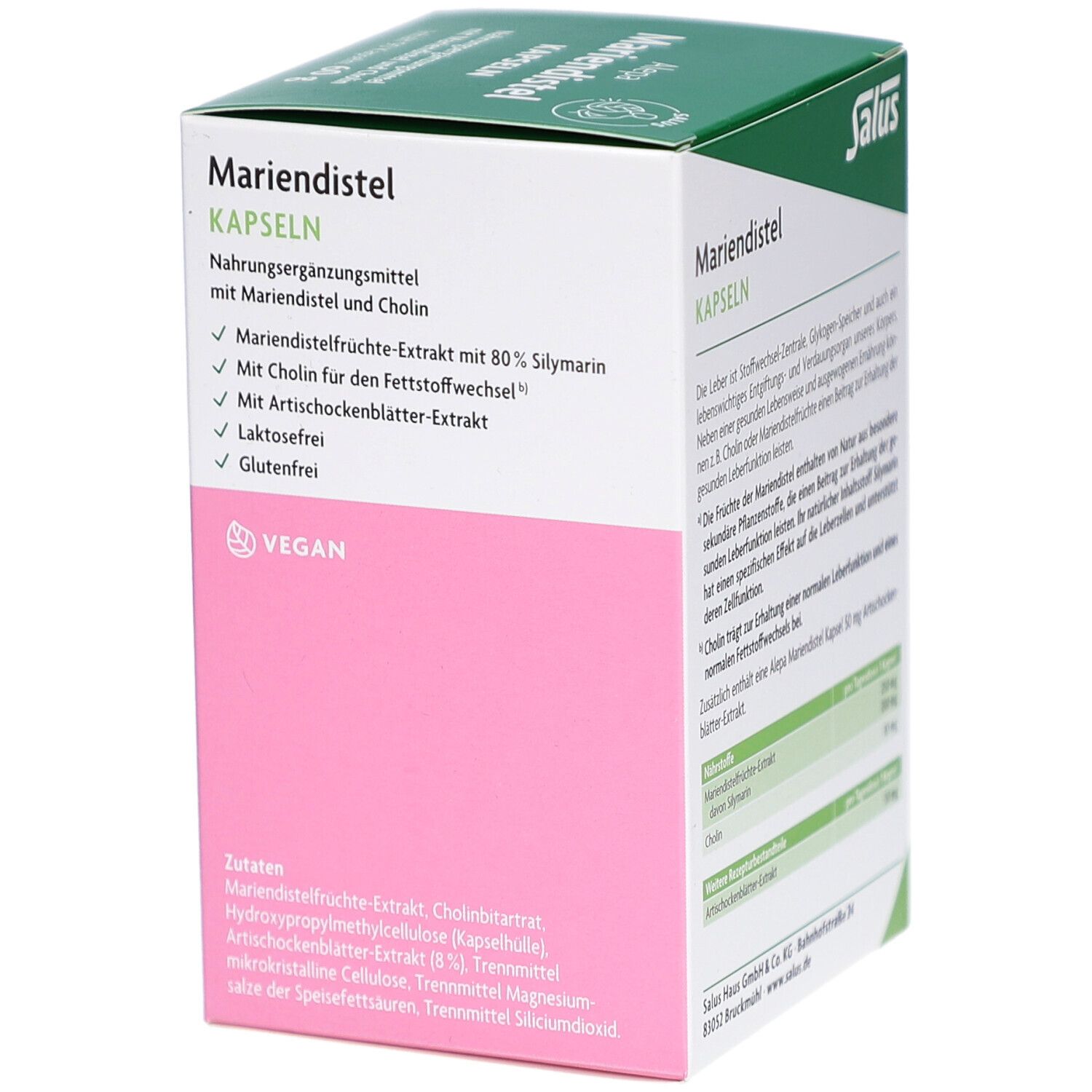 Seite der Salus Alepa Mariendistel Kapseln-Verpackung. Text mit Inhaltsstoffen und weiteren Informationen. Vegan-Siegel.